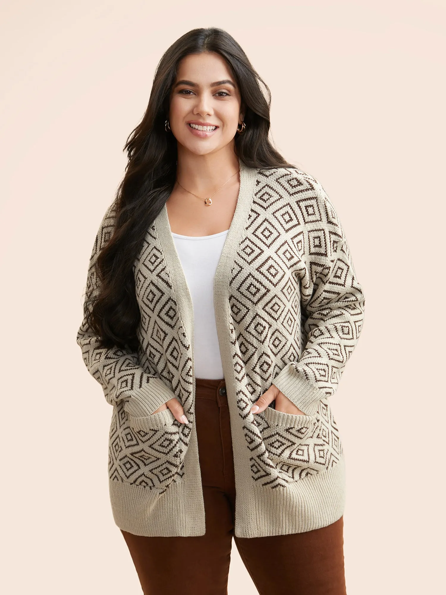 Geometric Drop Shoulder Patch Pocket Cardigan sold by Bloomchic