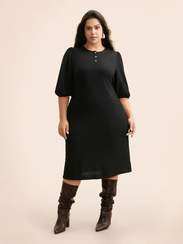 Texture Button Up Puff Sleeve Dress sold by Bloomchic