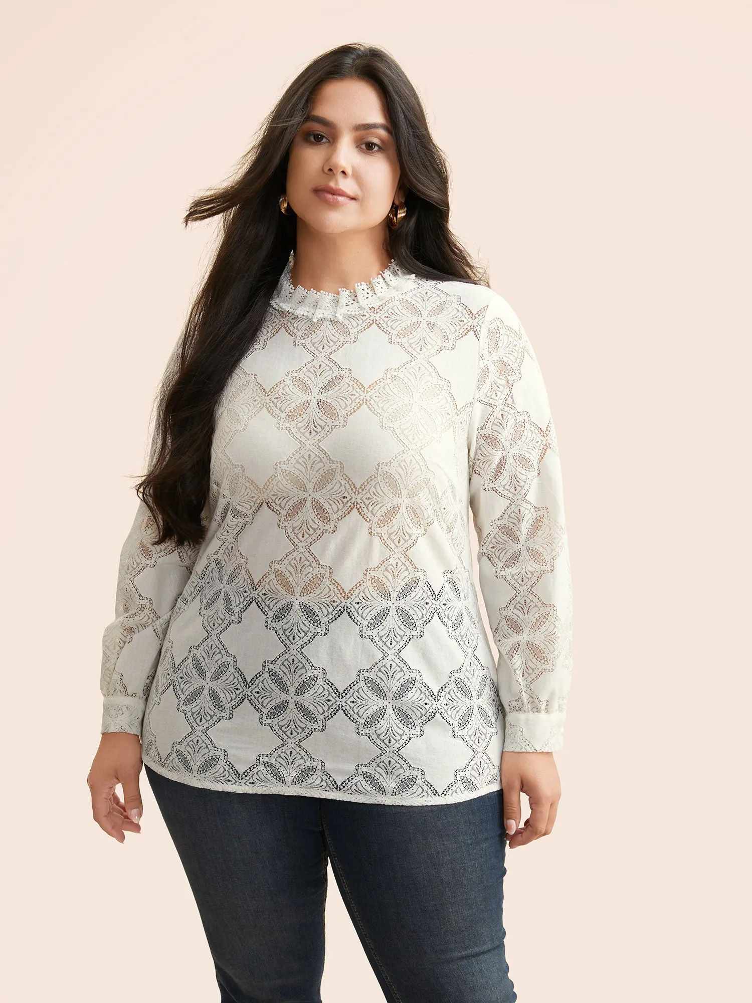 Lace Panel Mesh Stand Collar Blouse sold by Bloomchic product image thumbnail 3