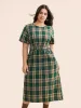 Round Neck Plaid Belted Midi Dress sold by Bloomchic