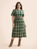 Round Neck Plaid Belted Midi Dress sold by Bloomchic