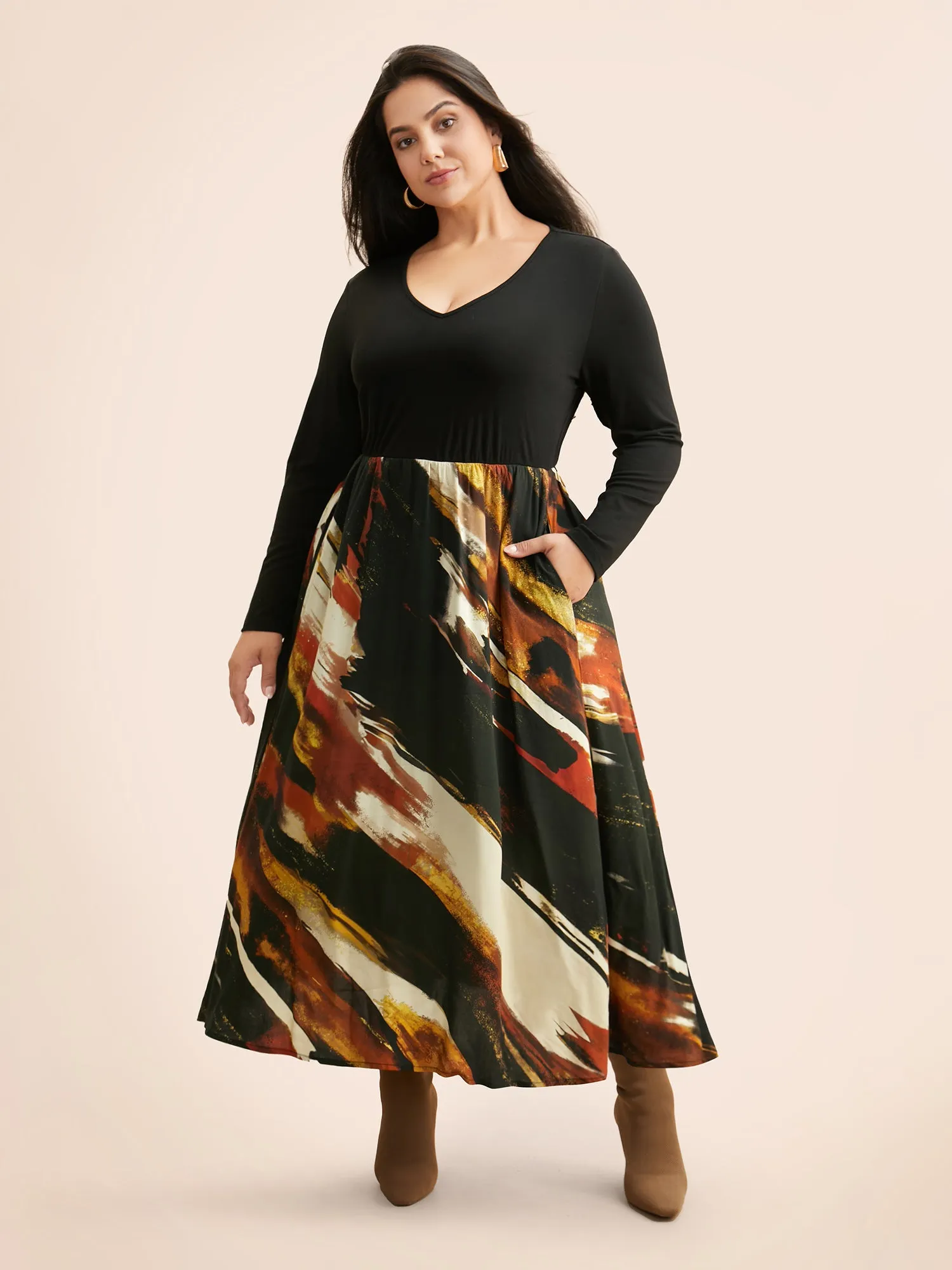 V Neck Brush Print Patchwork Dress sold by Bloomchic product image thumbnail 2