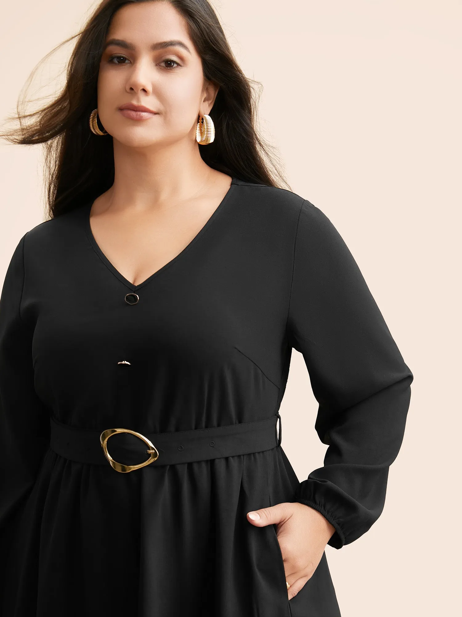 V Neck Button Detail Belted Dress sold by Bloomchic product image thumbnail 2
