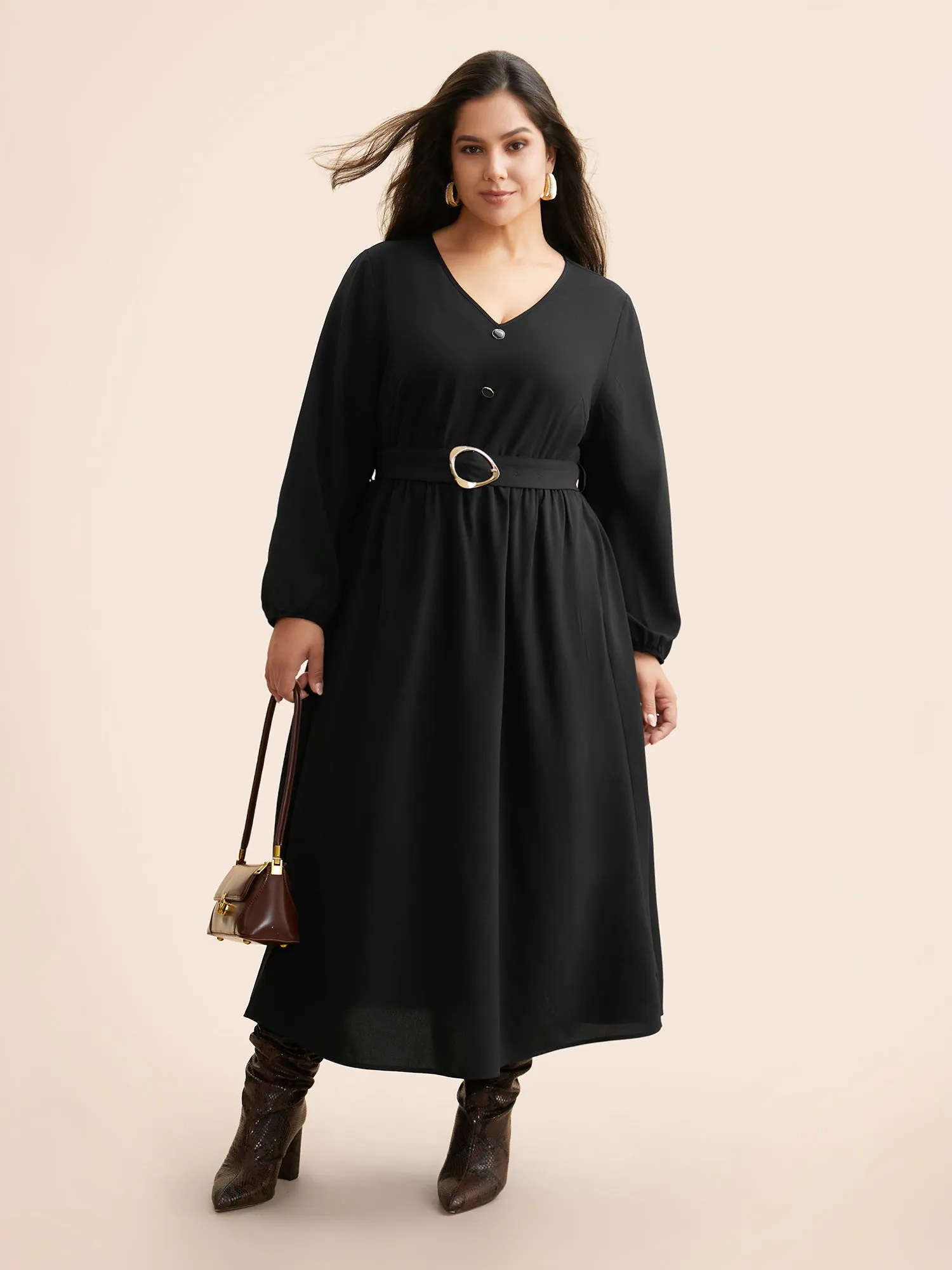 V Neck Button Detail Belted Dress sold by Bloomchic product image thumbnail 3