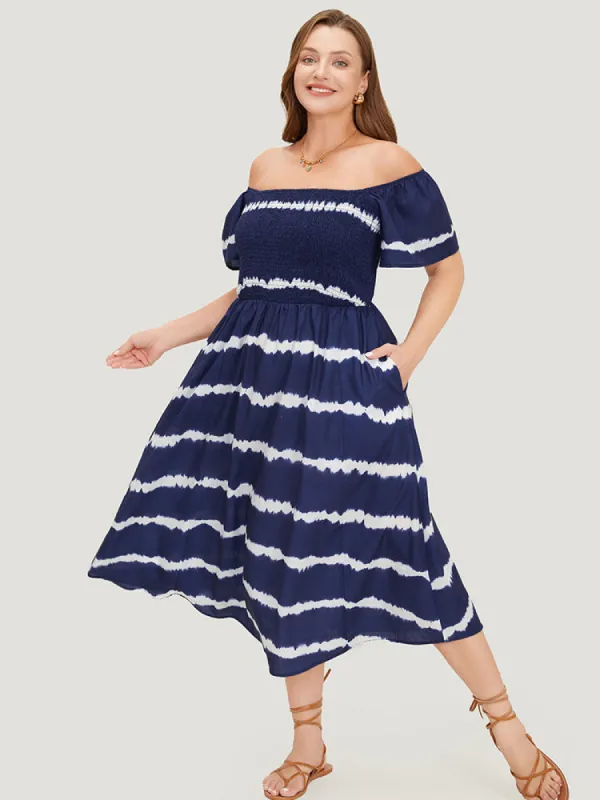 Tie Dye Ruffles Pocket Shirred Striped Off Shoulder Dress sold by Bloomchic