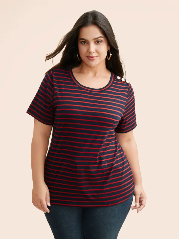 Crew Neck Striped Button Detail T-shirt sold by Bloomchic
