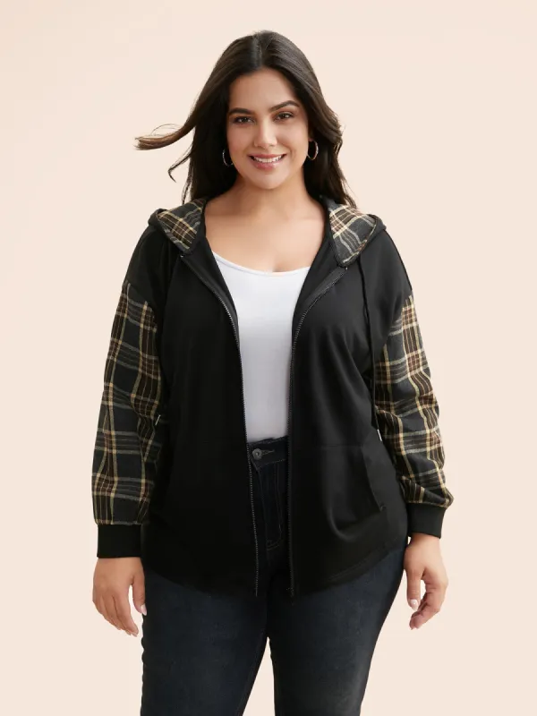 Plaid Patchwork Hooded Drawstring Sweatshirt sold by Bloomchic