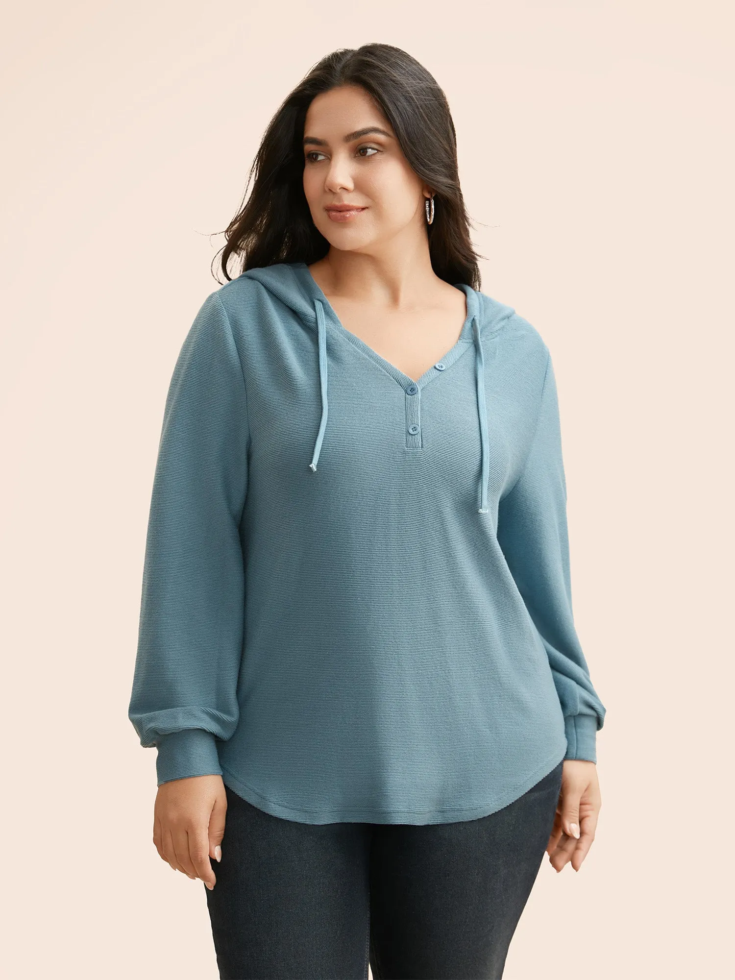 Solid Rib Knit Hooded Drawstring T-shirt sold by Bloomchic