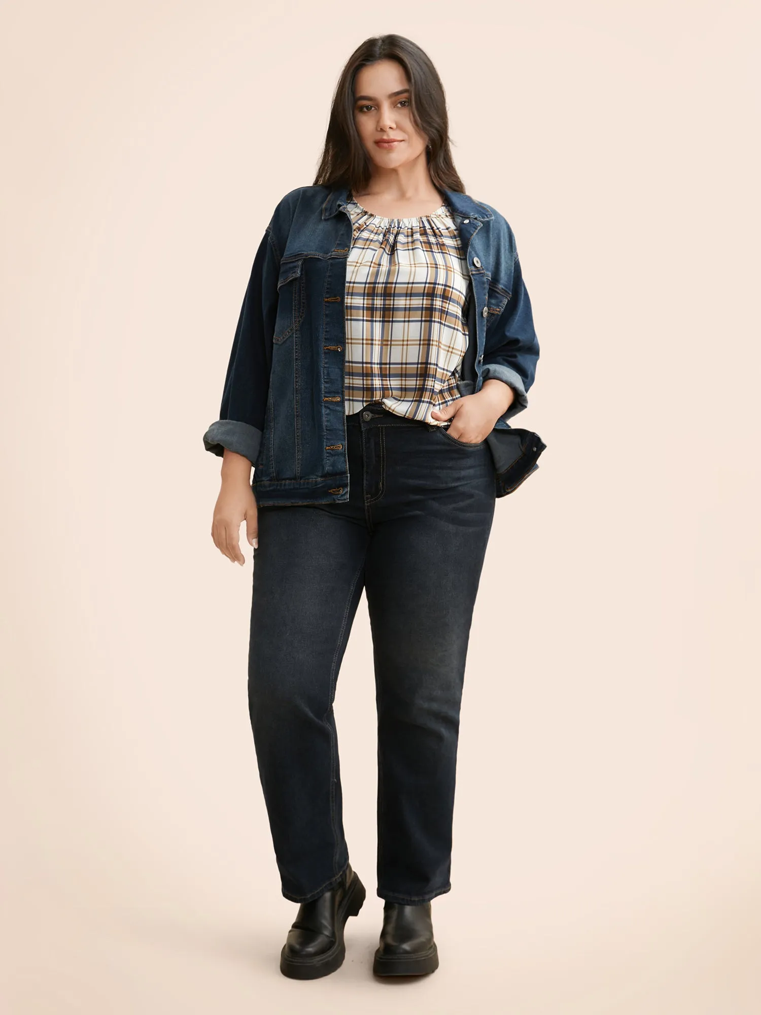 Crew Neck Plaid Gathered Tank Top sold by Bloomchic product image thumbnail 2