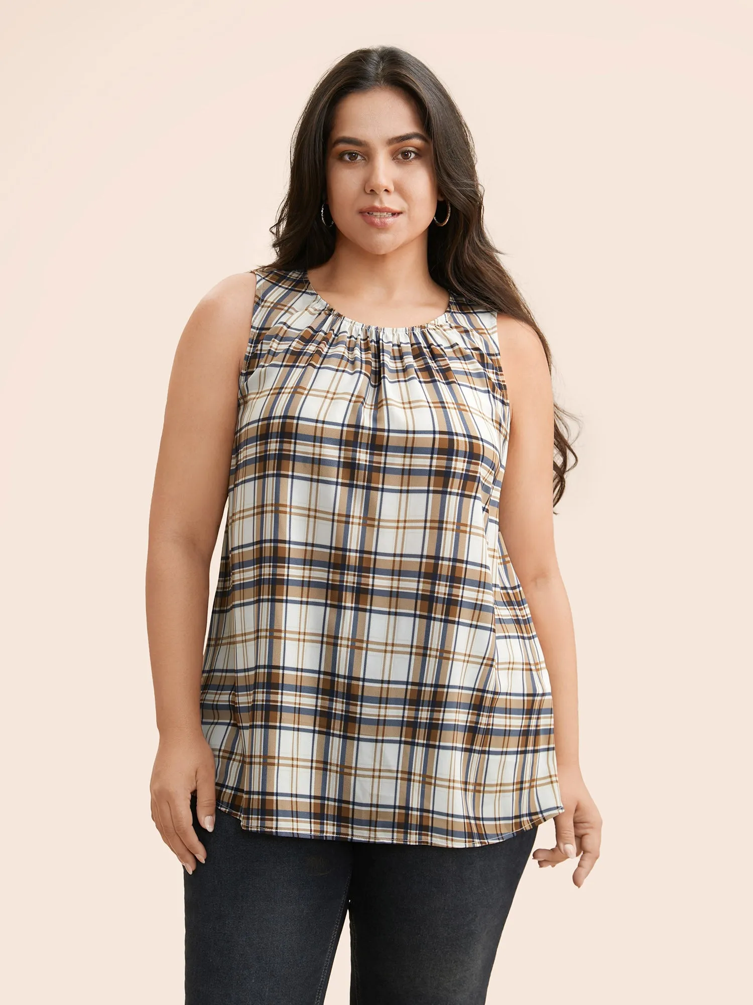 Crew Neck Plaid Gathered Tank Top sold by Bloomchic