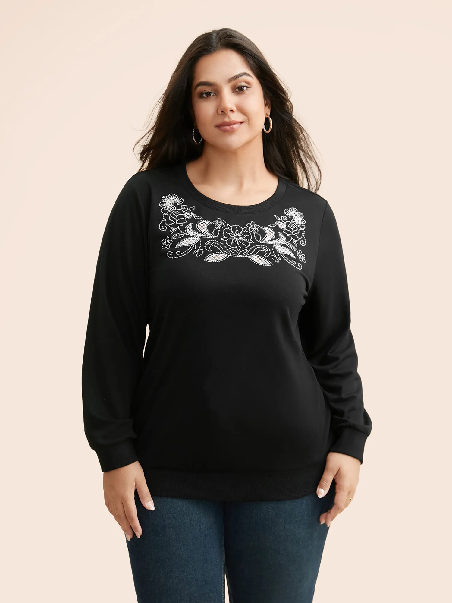 Broderie Anglaise Round Neck Sweatshirt sold by Bloomchic