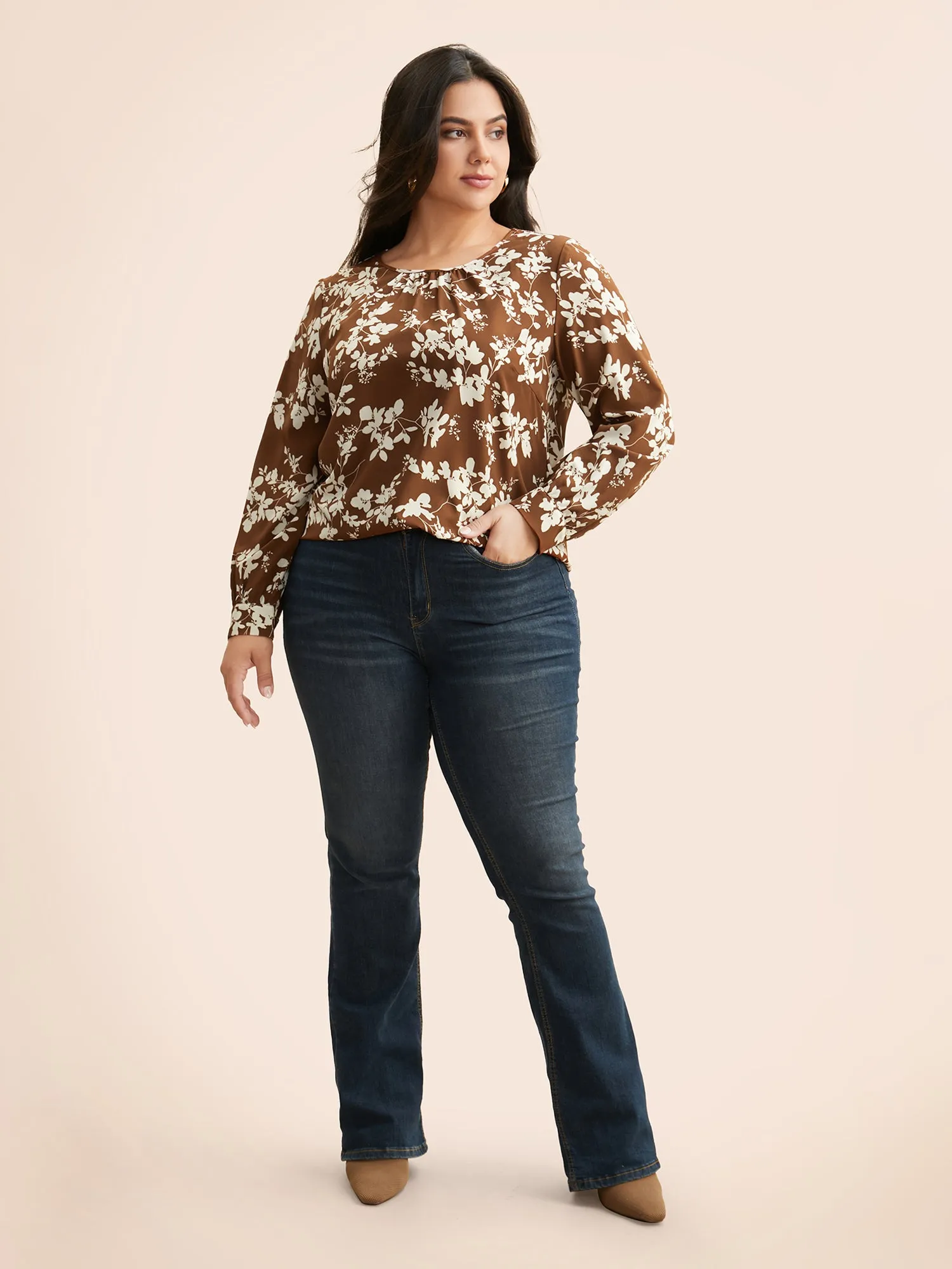 Silhouette Floral Print Gathered Split Hem Blouse sold by Bloomchic product image thumbnail 2
