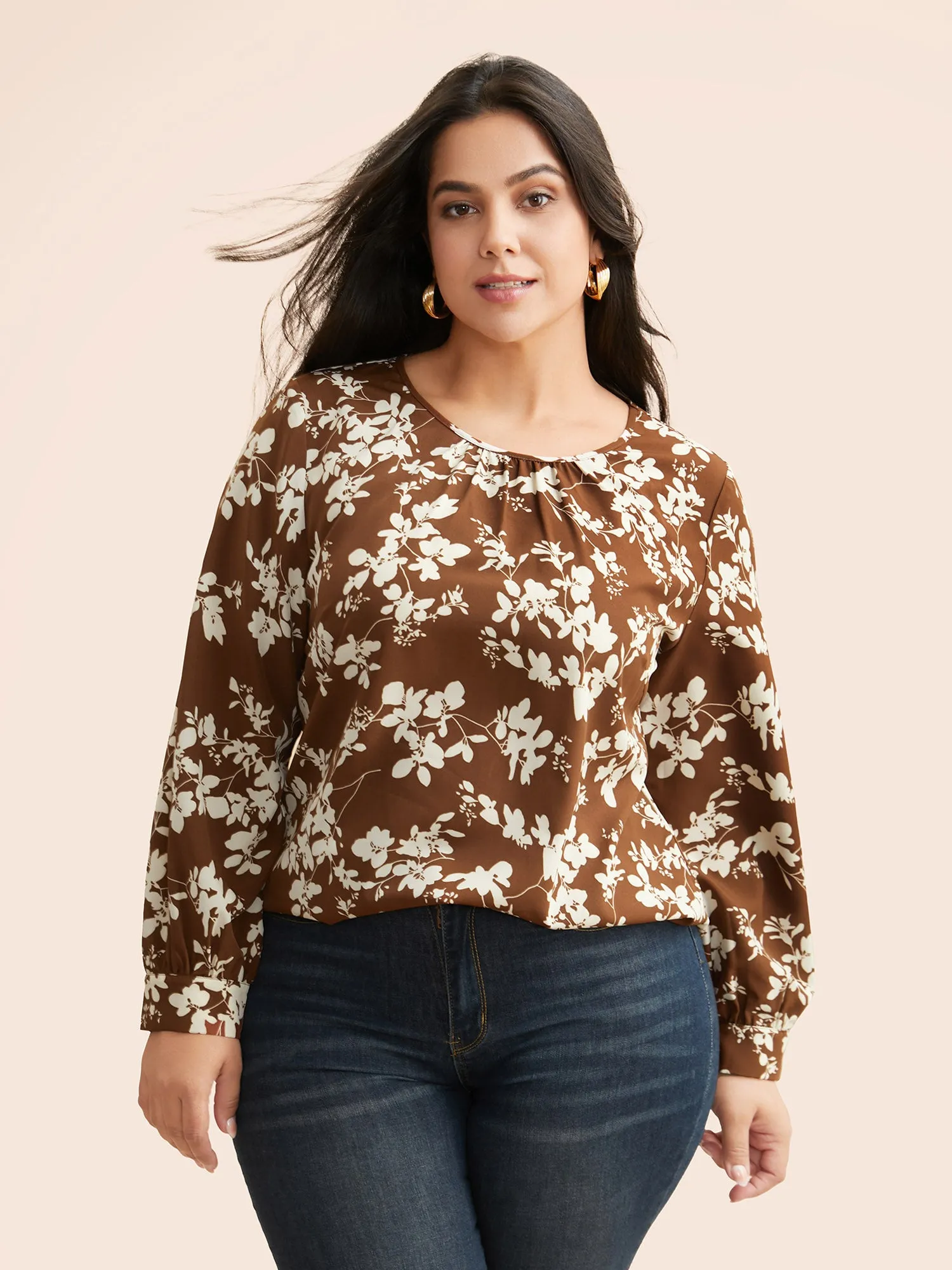 Silhouette Floral Print Gathered Split Hem Blouse sold by Bloomchic