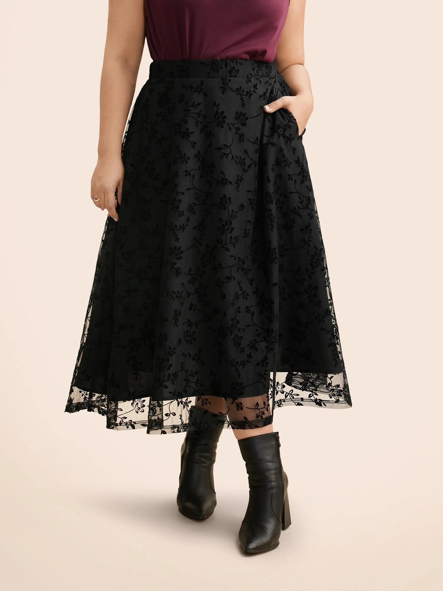 Floral Embroidered Mesh Pocket Skirt sold by Bloomchic