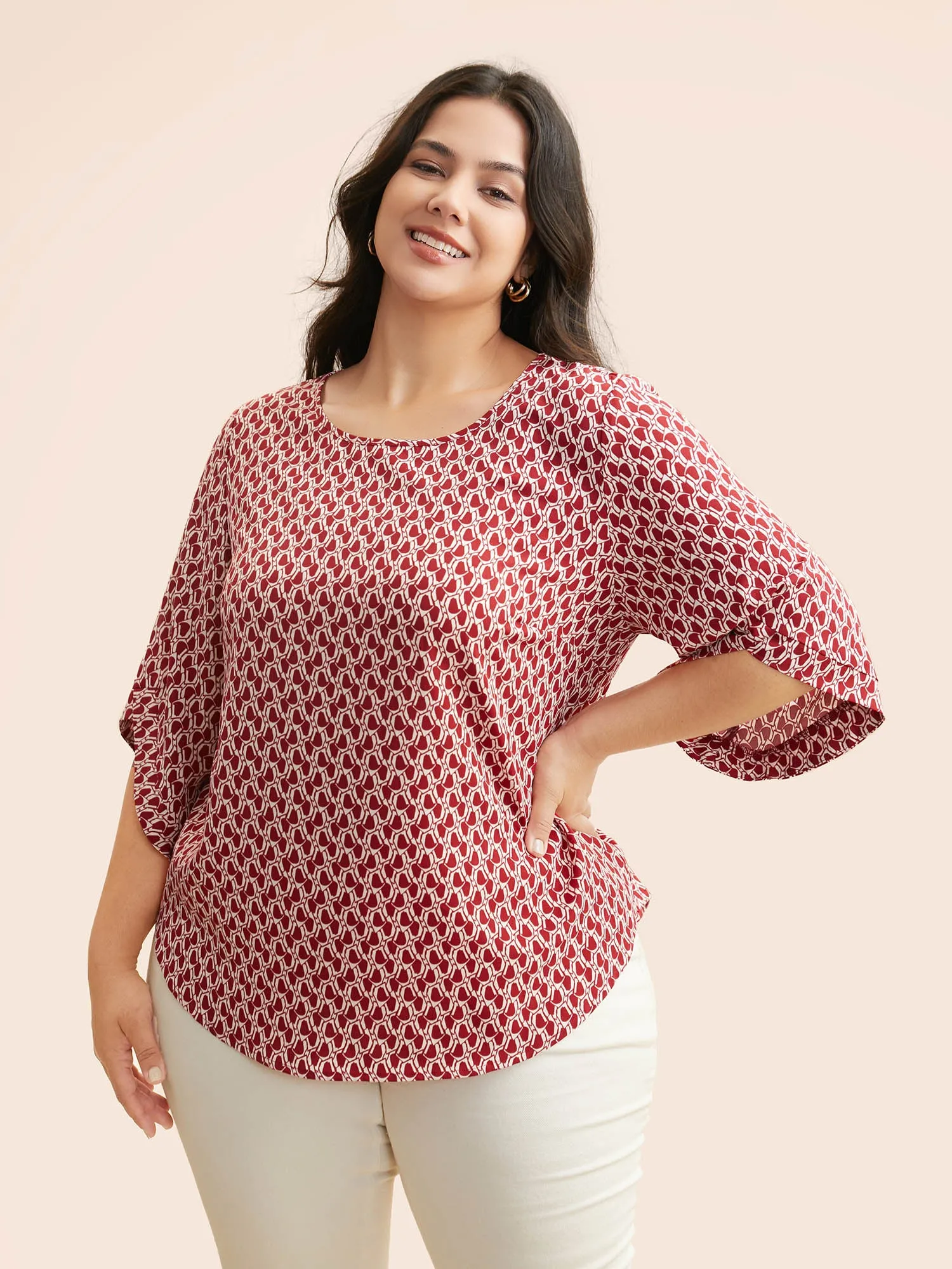 Geometric Round Neck Bell Sleeve Blouse sold by Bloomchic product image thumbnail 3