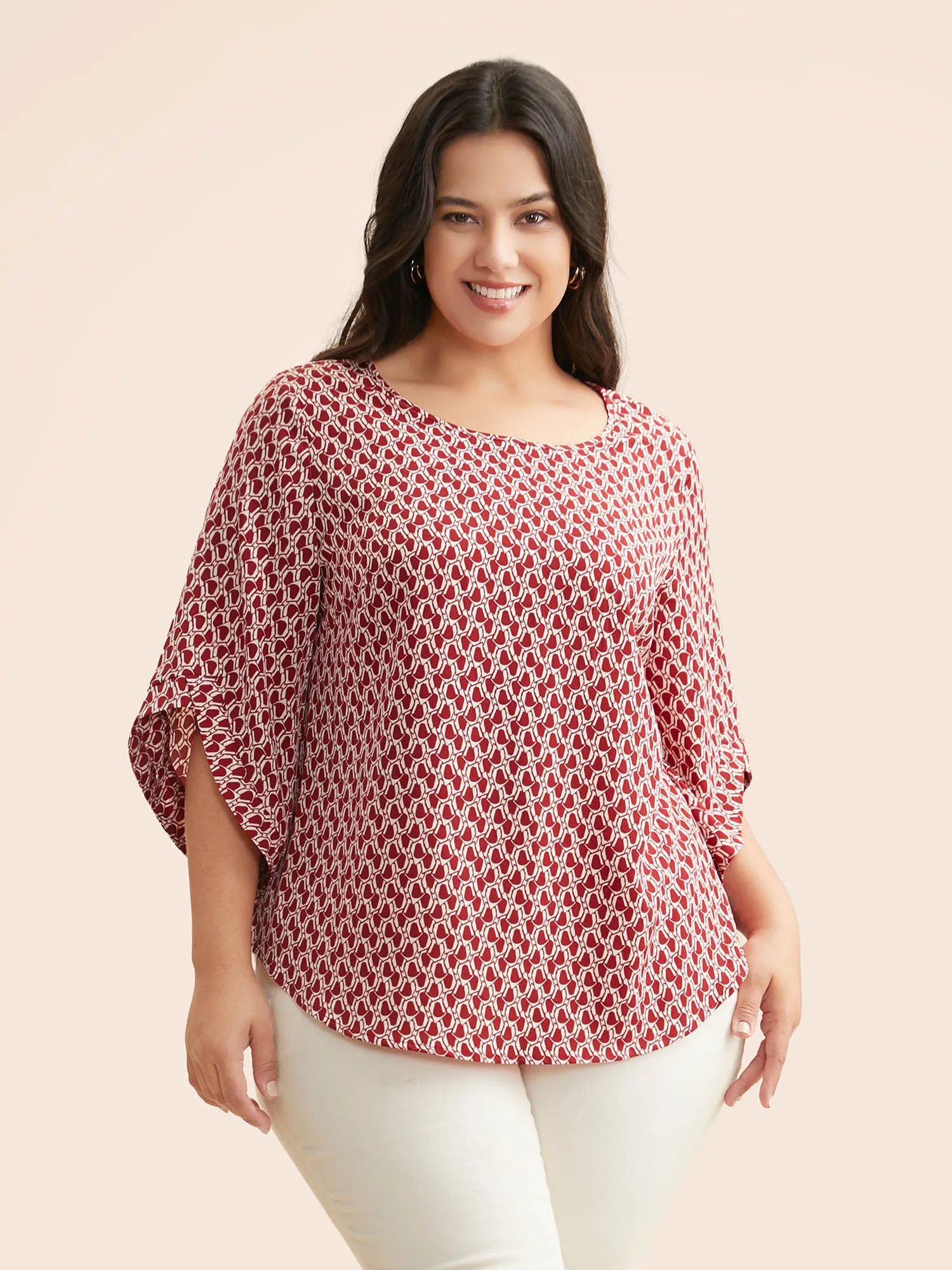 Geometric Round Neck Bell Sleeve Blouse sold by Bloomchic