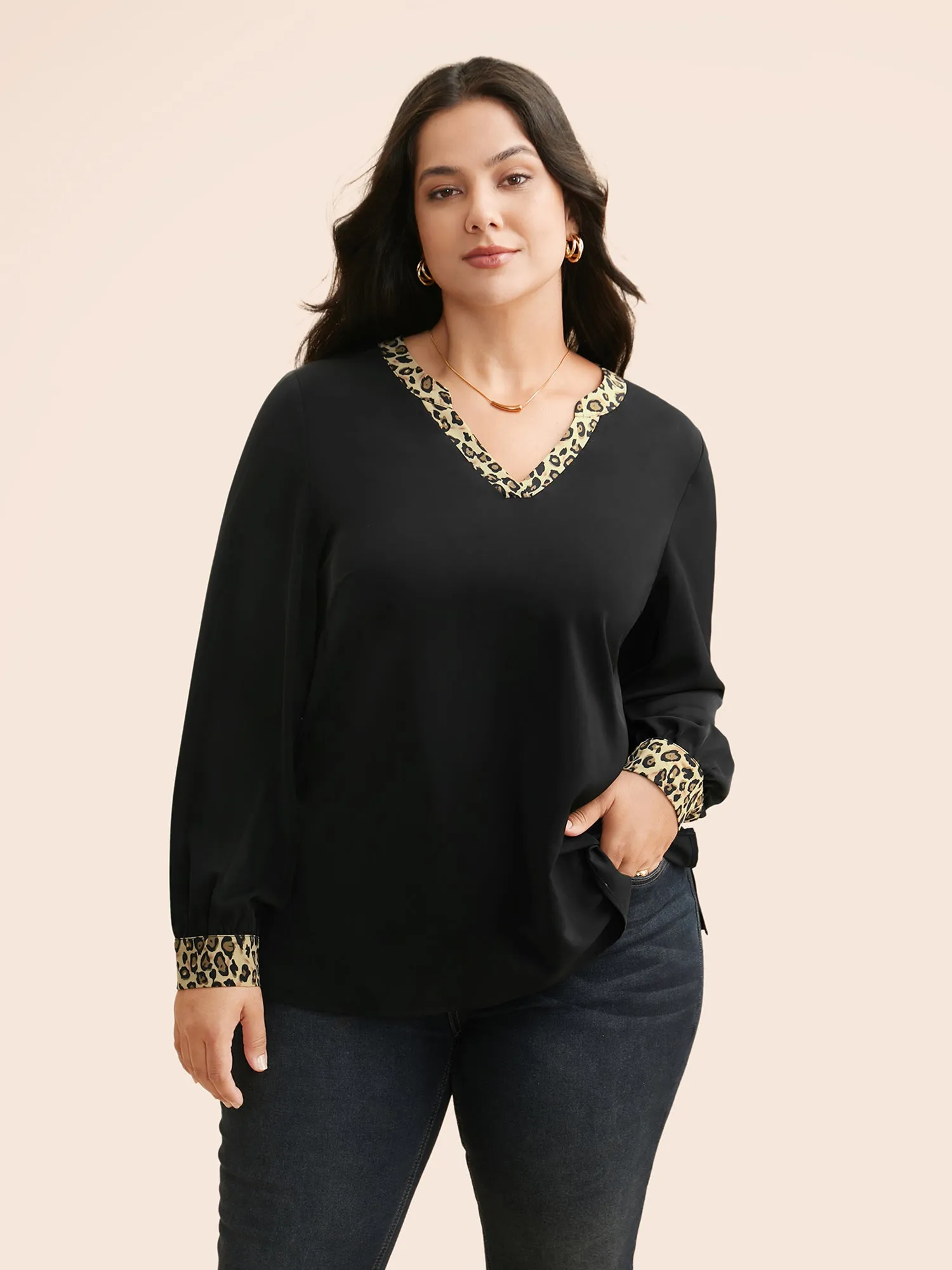 V Neck Leopard Print Patchwork Blouse sold by Bloomchic product image thumbnail 5