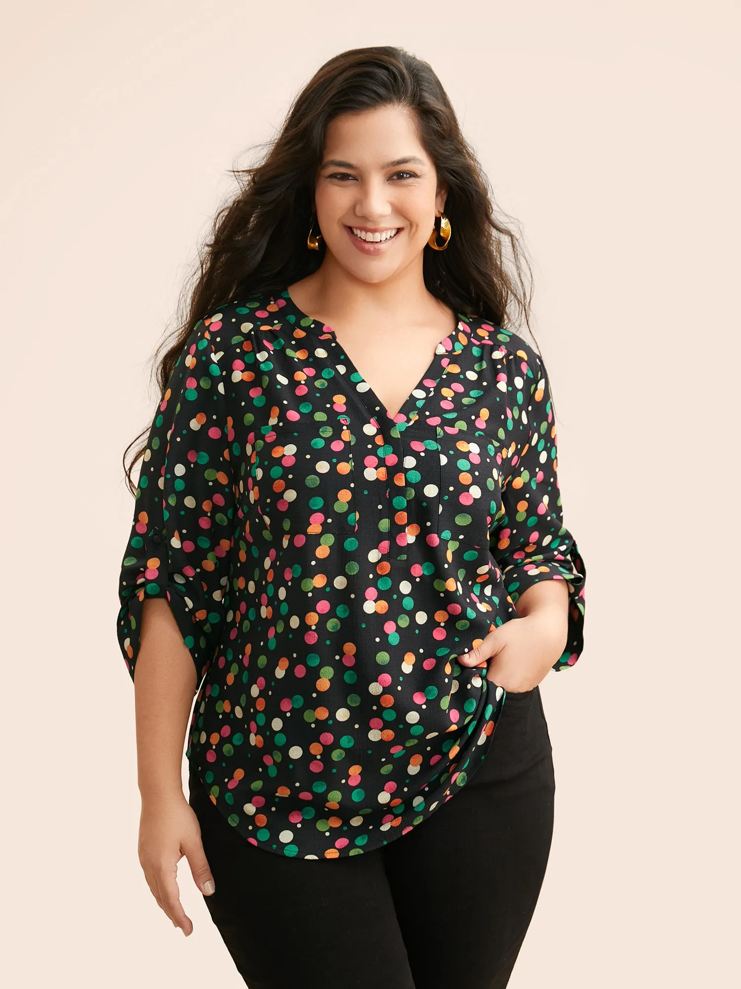 Color Polka Dot Patch Pocket Blouse sold by Bloomchic