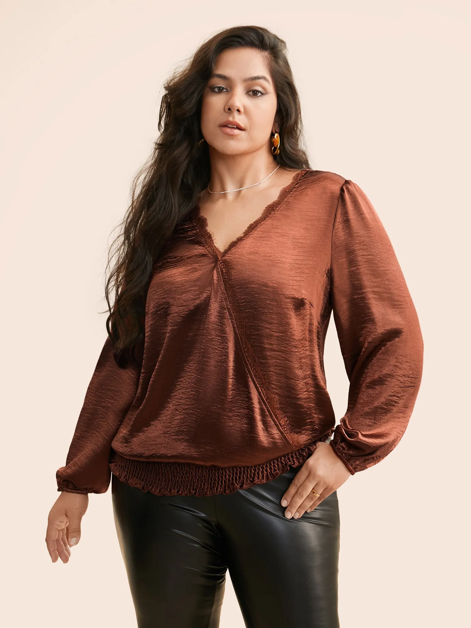 Overlap Collar Shirred Lace Trim Blouse sold by Bloomchic product image thumbnail 3