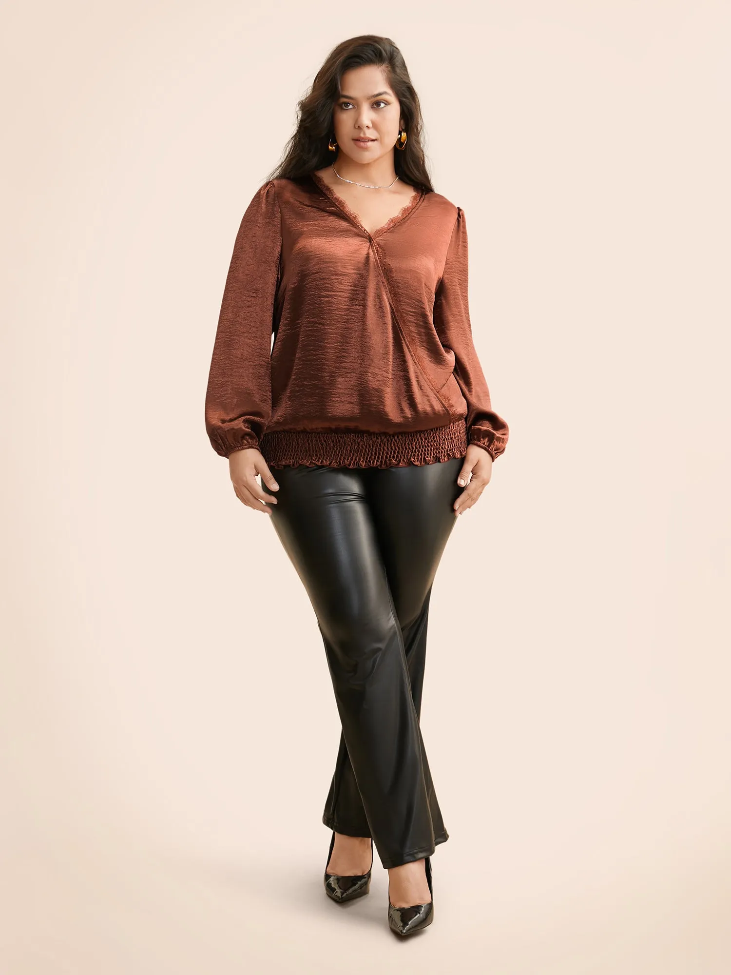 Overlap Collar Shirred Lace Trim Blouse sold by Bloomchic product image thumbnail 2