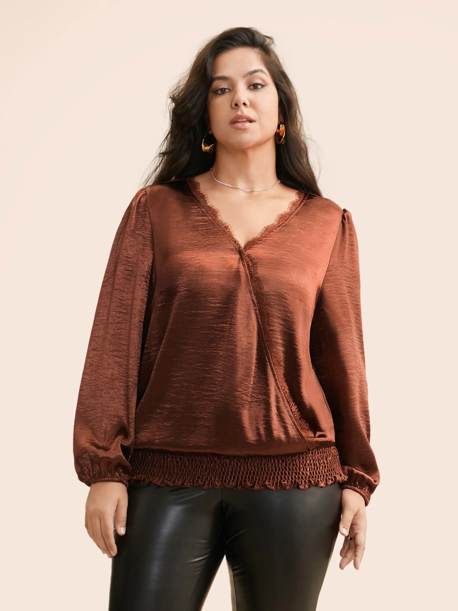 Overlap Collar Shirred Lace Trim Blouse sold by Bloomchic