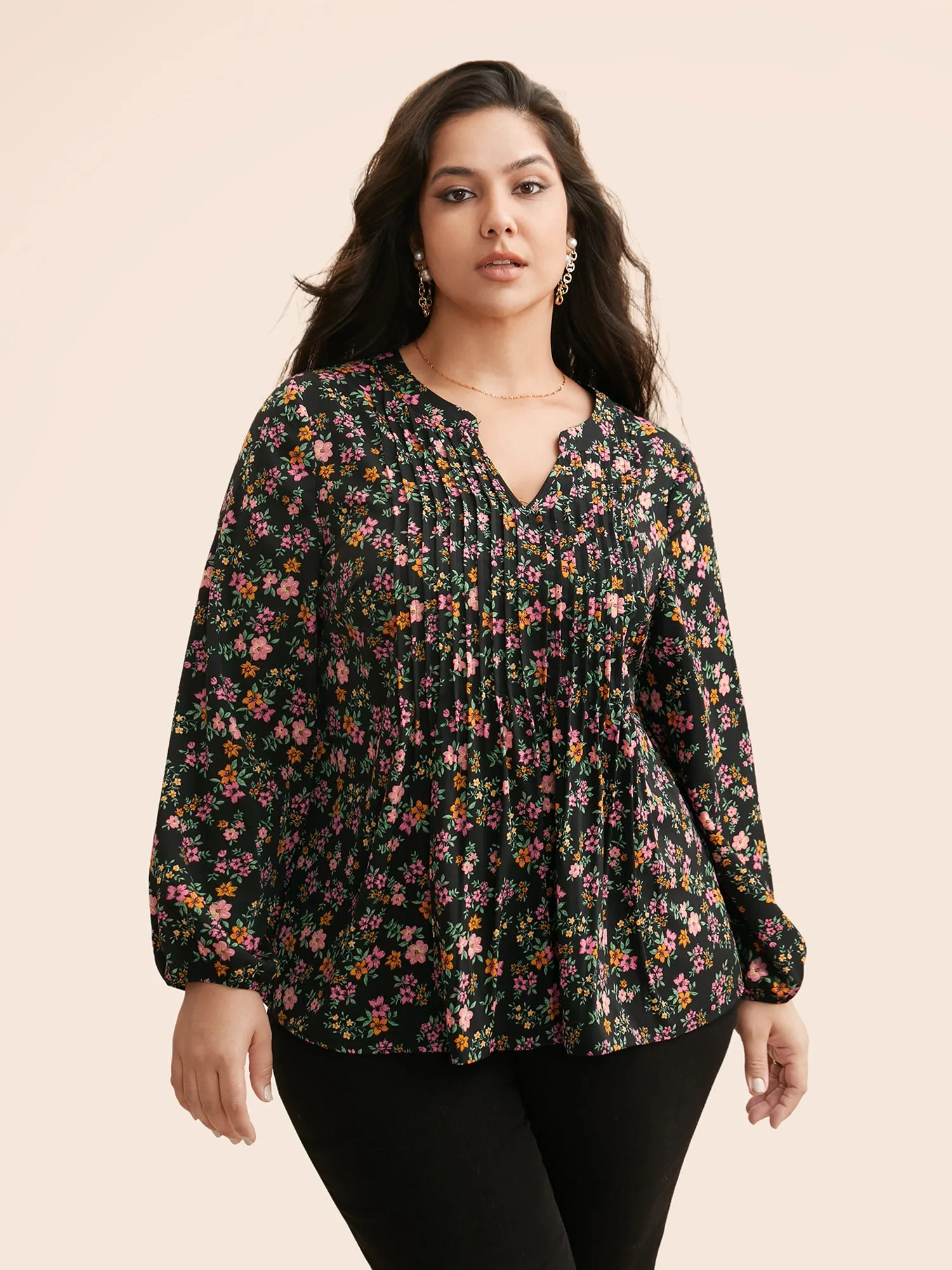 Notched Collar Ditsy Floral Pleated Blouse sold by Bloomchic