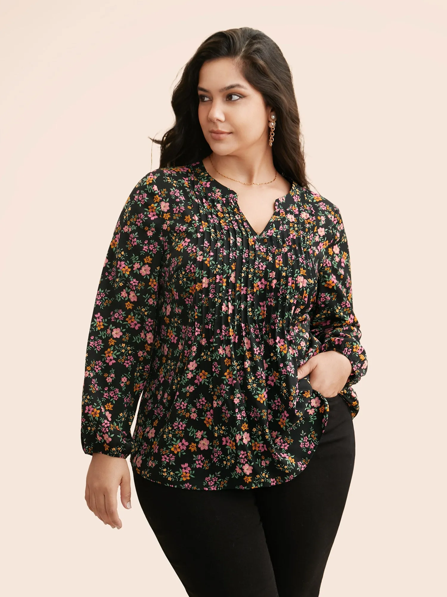 Notched Collar Ditsy Floral Pleated Blouse sold by Bloomchic product image thumbnail 5
