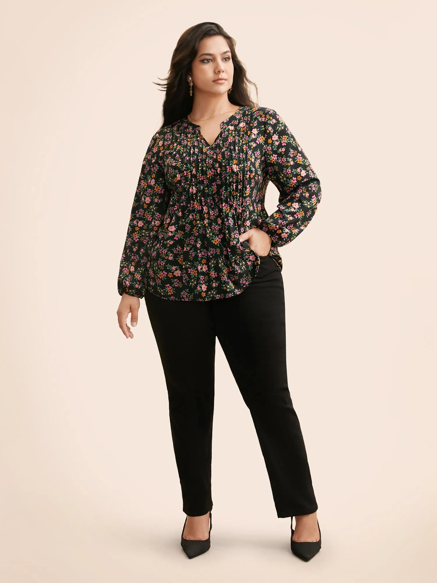 Notched Collar Ditsy Floral Pleated Blouse sold by Bloomchic product image thumbnail 2
