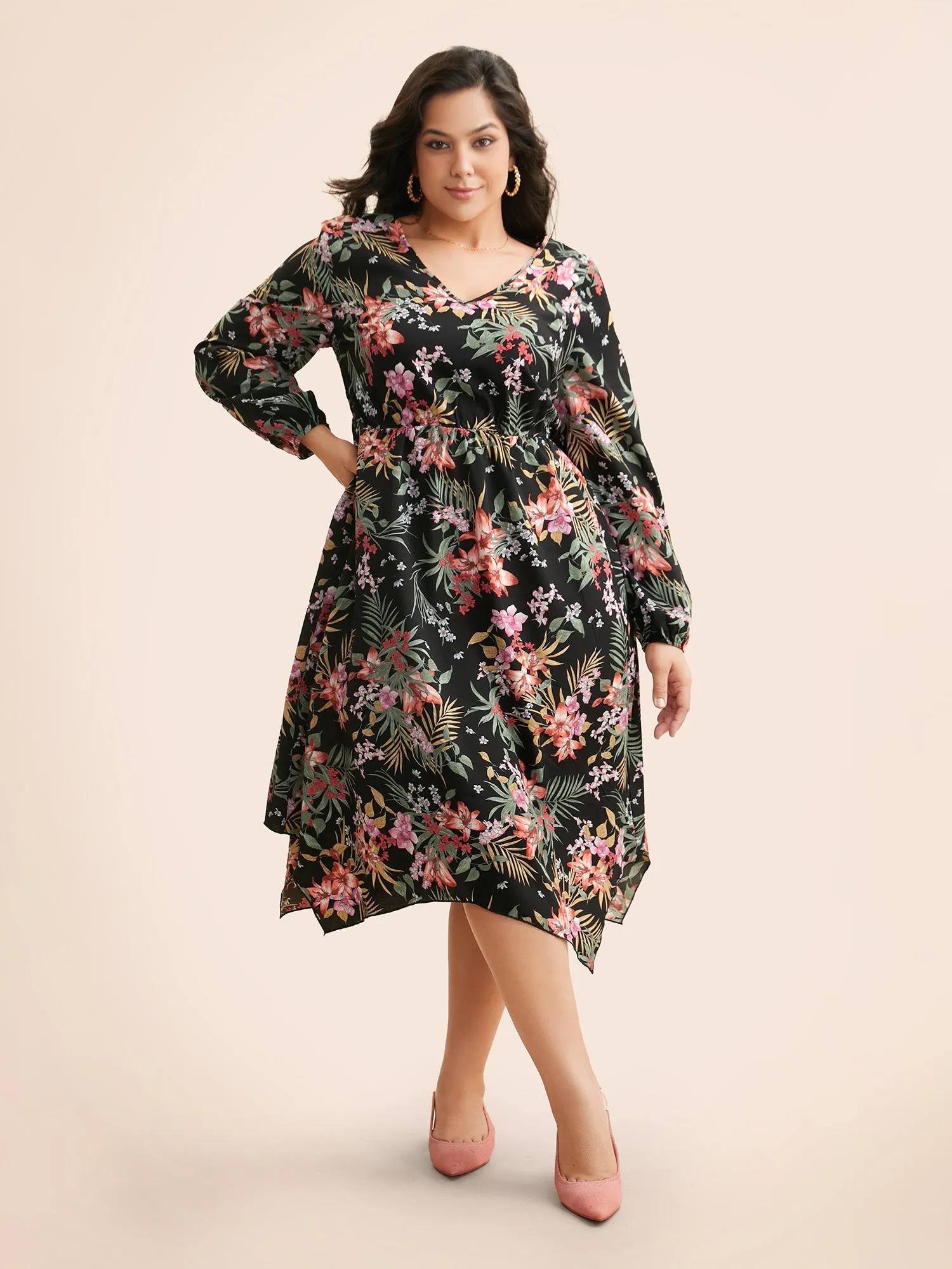 V Neck Floral Asymmetrical Hem Dress sold by Bloomchic