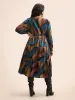 Feather Print Shirred Lantern Sleeve Dress sold by Bloomchic