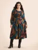 Feather Print Shirred Lantern Sleeve Dress sold by Bloomchic