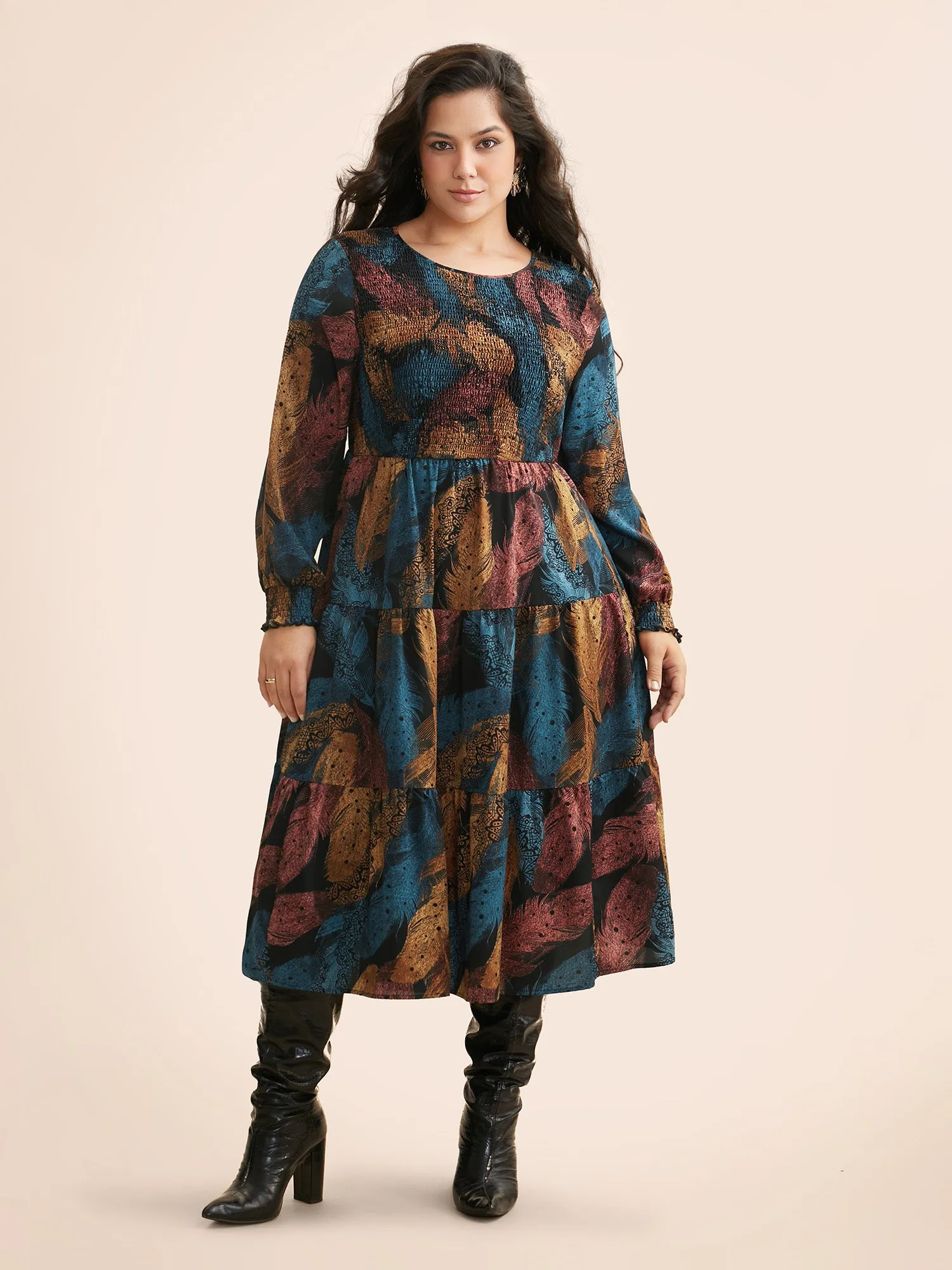 Feather Print Shirred Lantern Sleeve Dress sold by Bloomchic product image thumbnail 3