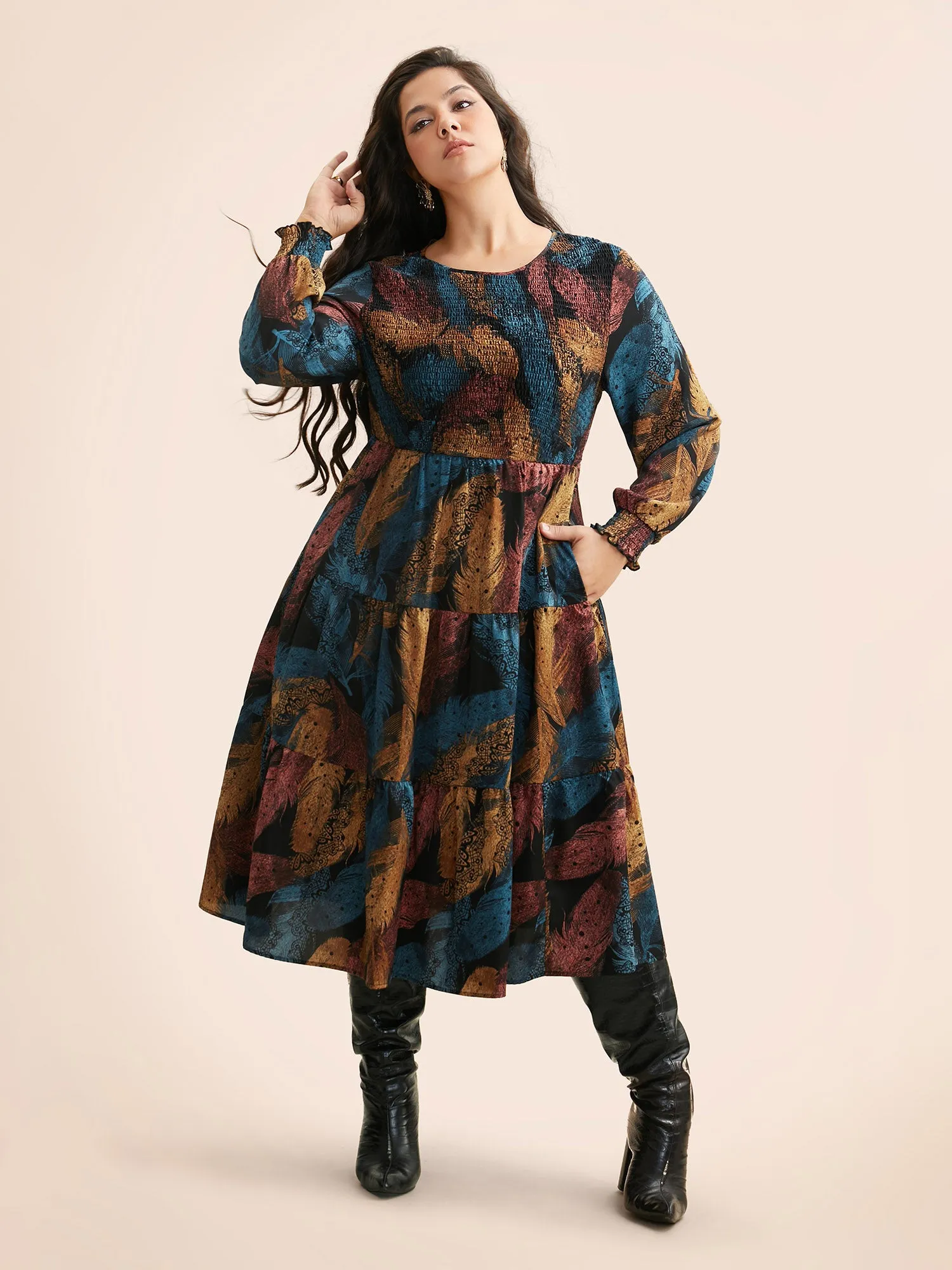 Feather Print Shirred Lantern Sleeve Dress sold by Bloomchic