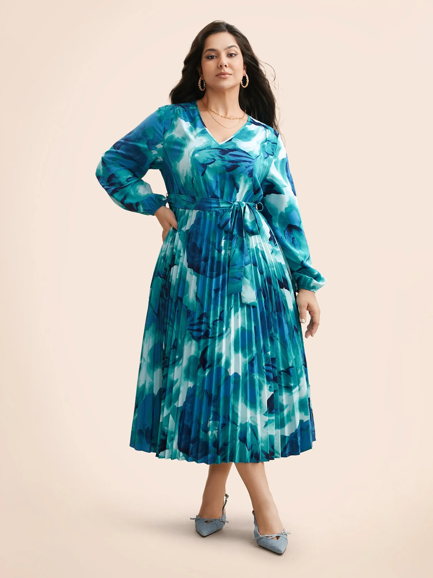 Watercolor Floral Pleated Belted Dress sold by Bloomchic