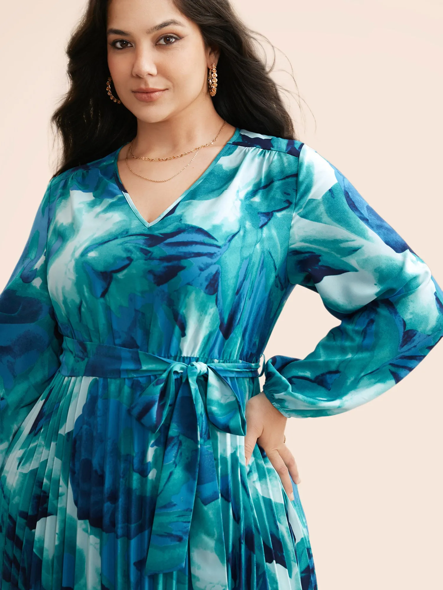 Watercolor Floral Pleated Belted Dress sold by Bloomchic product image thumbnail 2