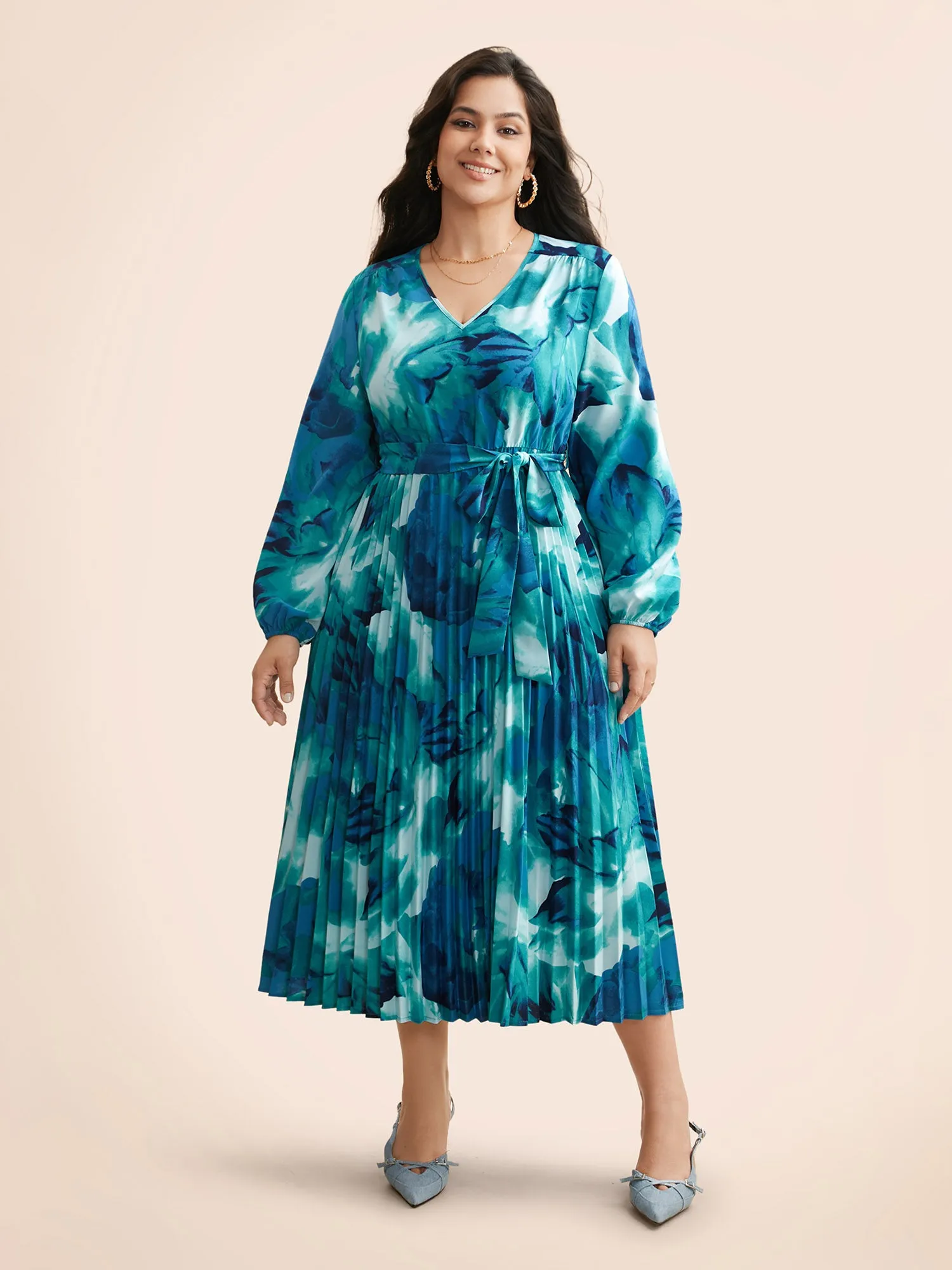 Watercolor Floral Pleated Belted Dress sold by Bloomchic product image thumbnail 3