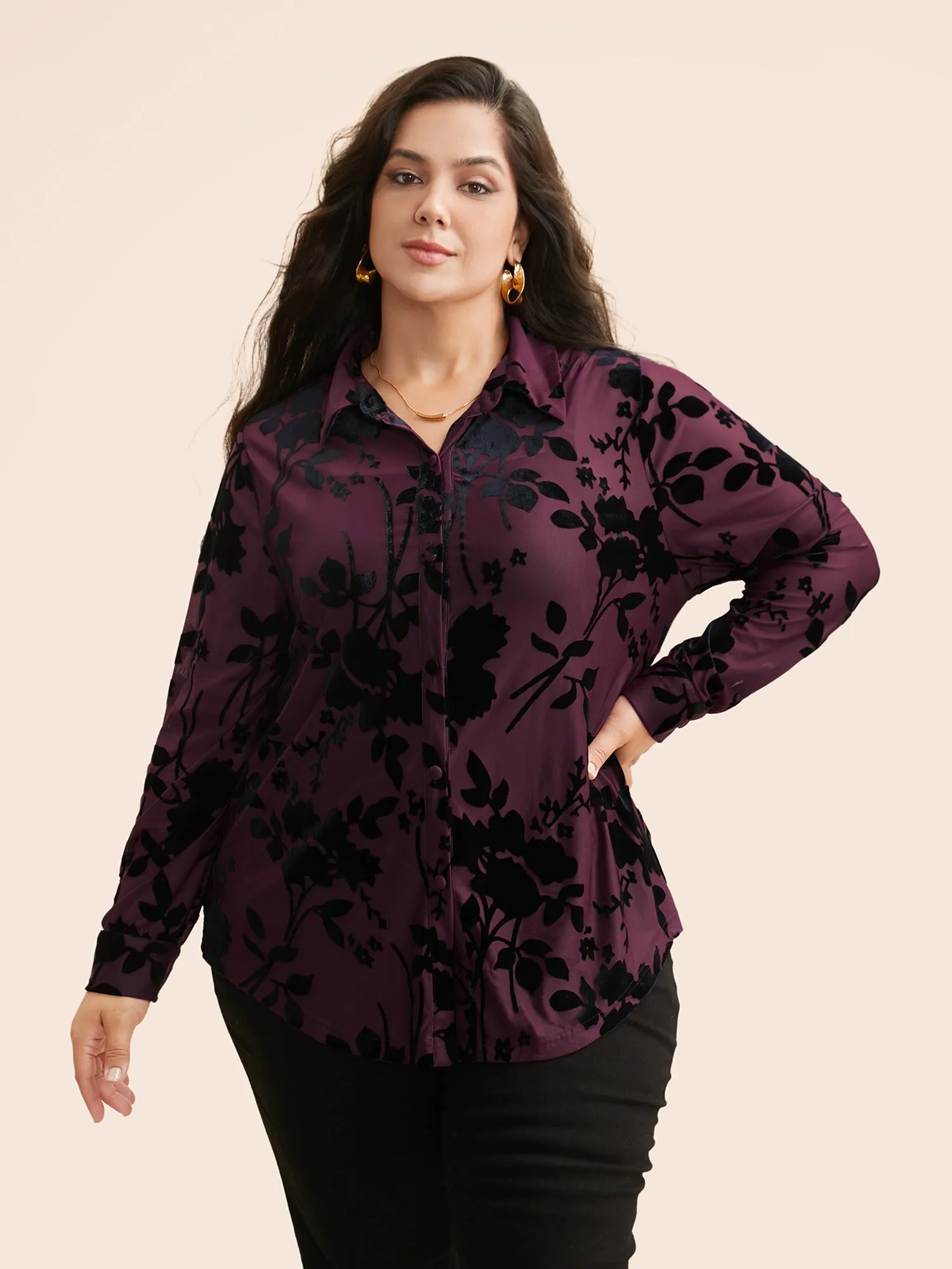 Silhouette Floral Print Flocking Gathered Shirt sold by Bloomchic product image thumbnail 5