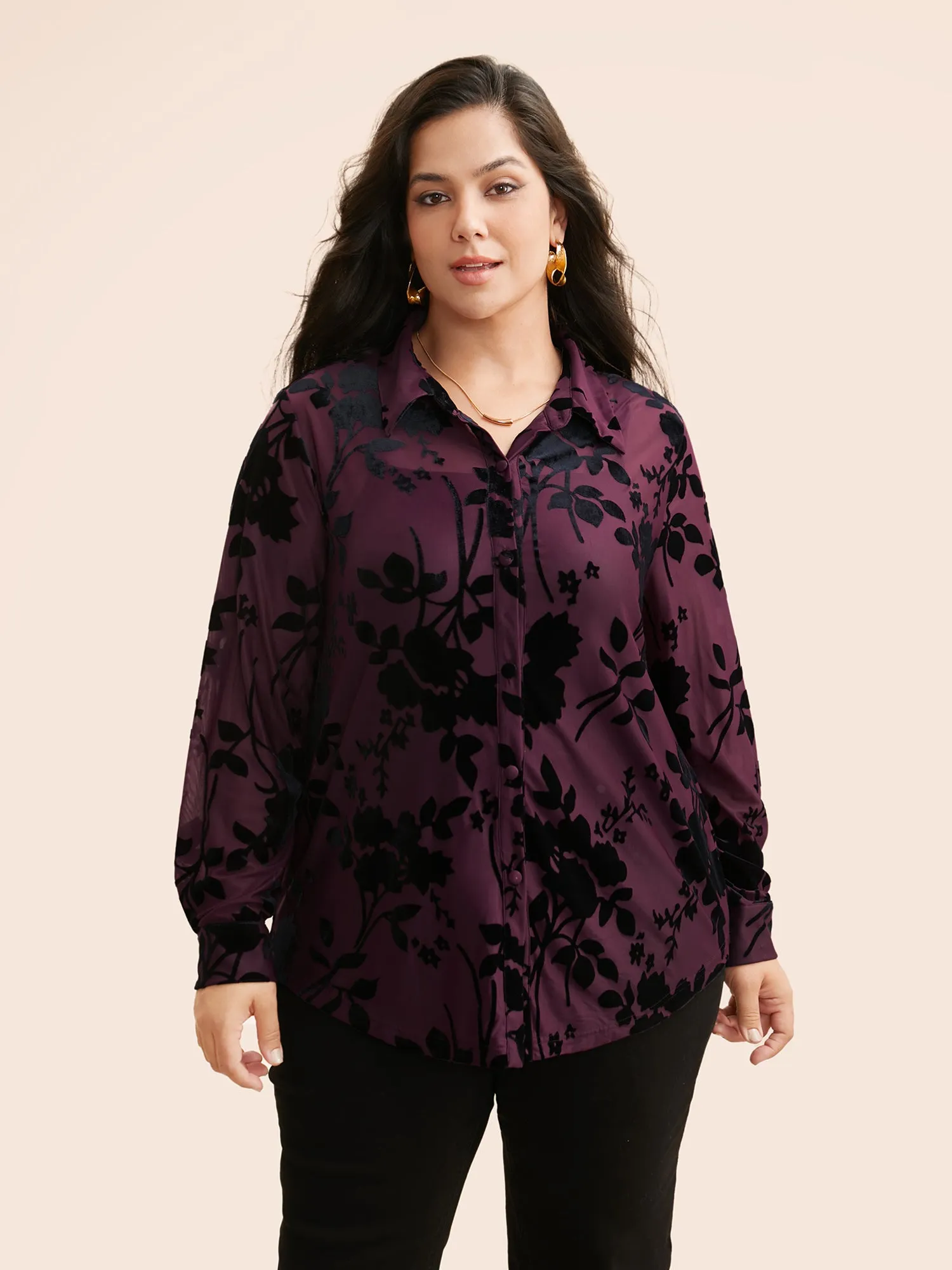 Silhouette Floral Print Flocking Gathered Shirt sold by Bloomchic product image thumbnail 3