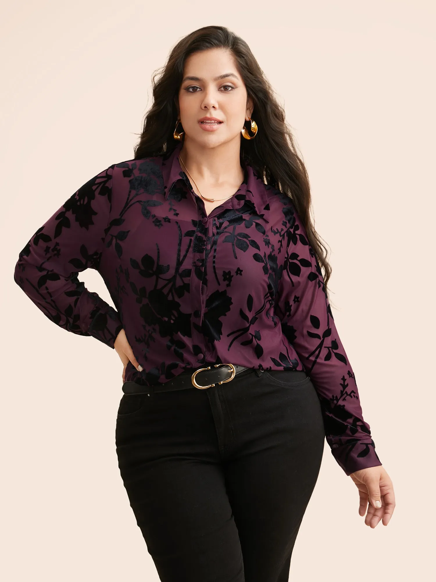 Silhouette Floral Print Flocking Gathered Shirt sold by Bloomchic