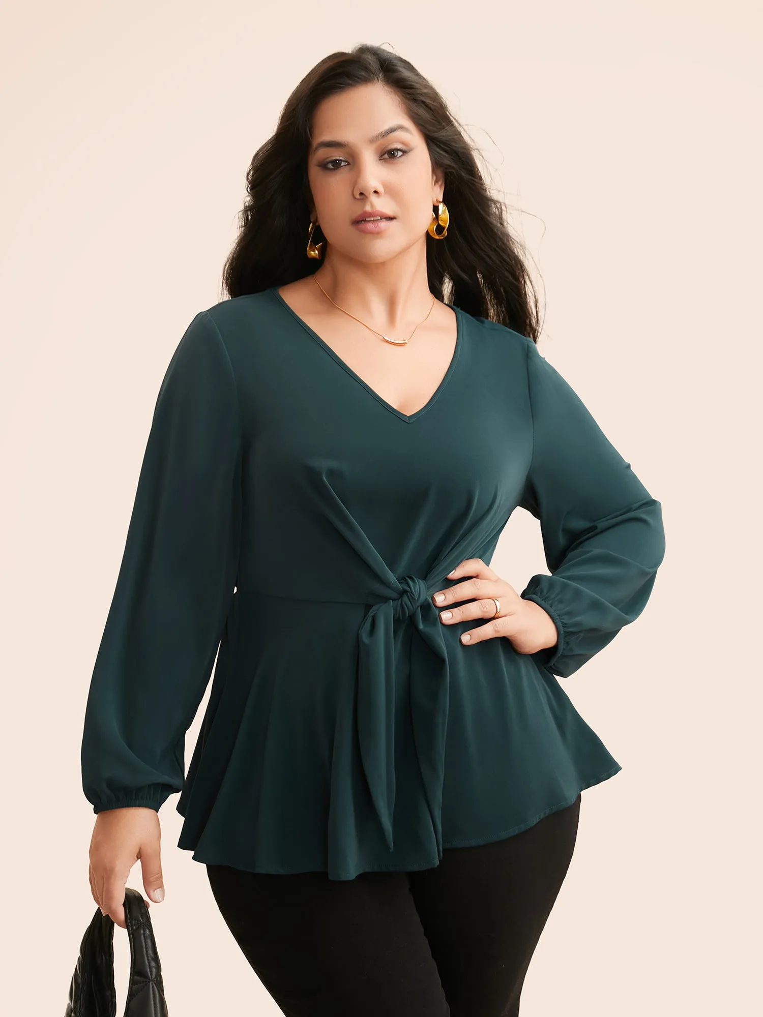 V Neck Tie Knot Gathered Blouse sold by Bloomchic product image thumbnail 4