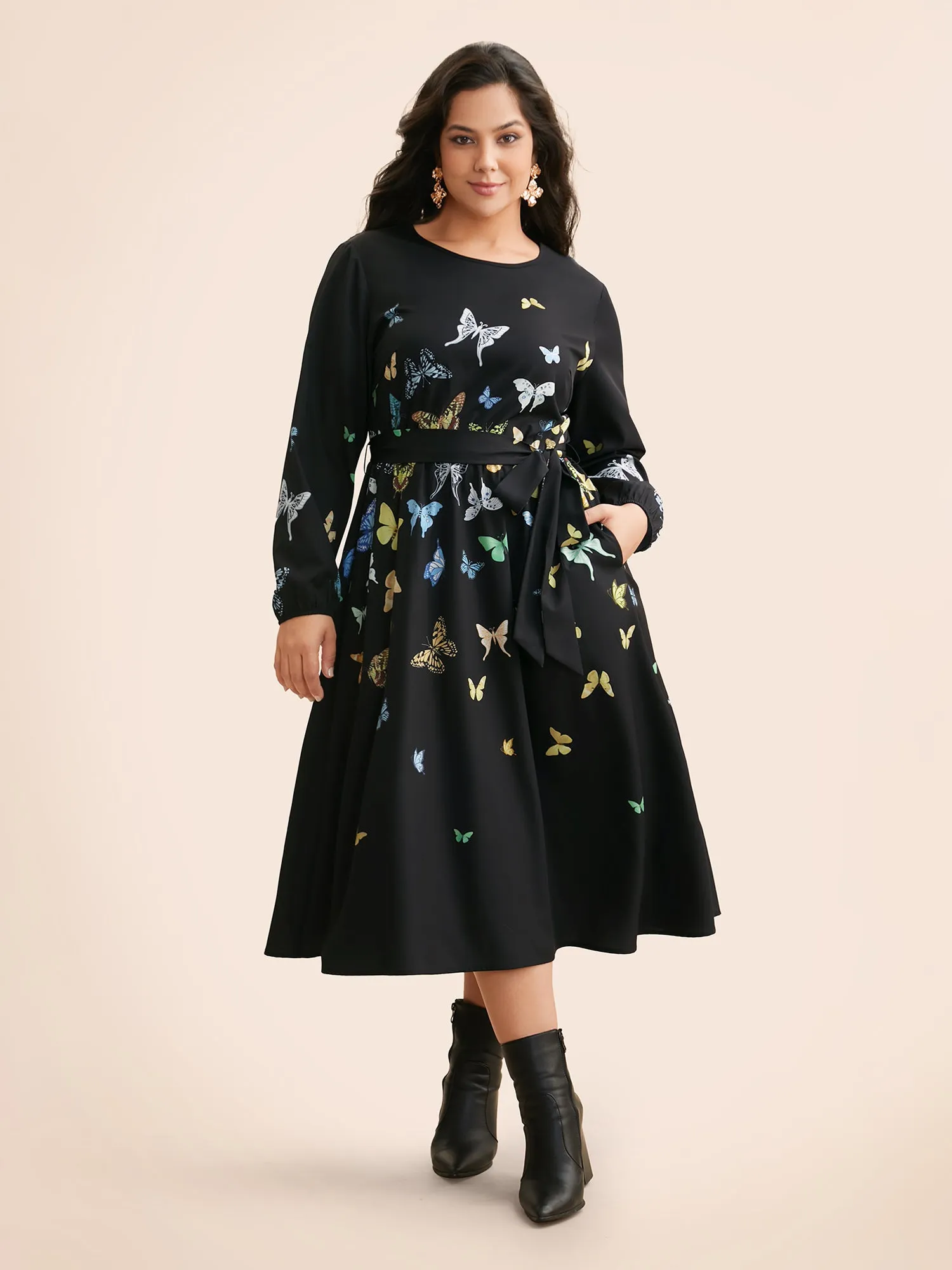 Butterfly Print Crew Neck Belted Dress sold by Bloomchic product image thumbnail 3
