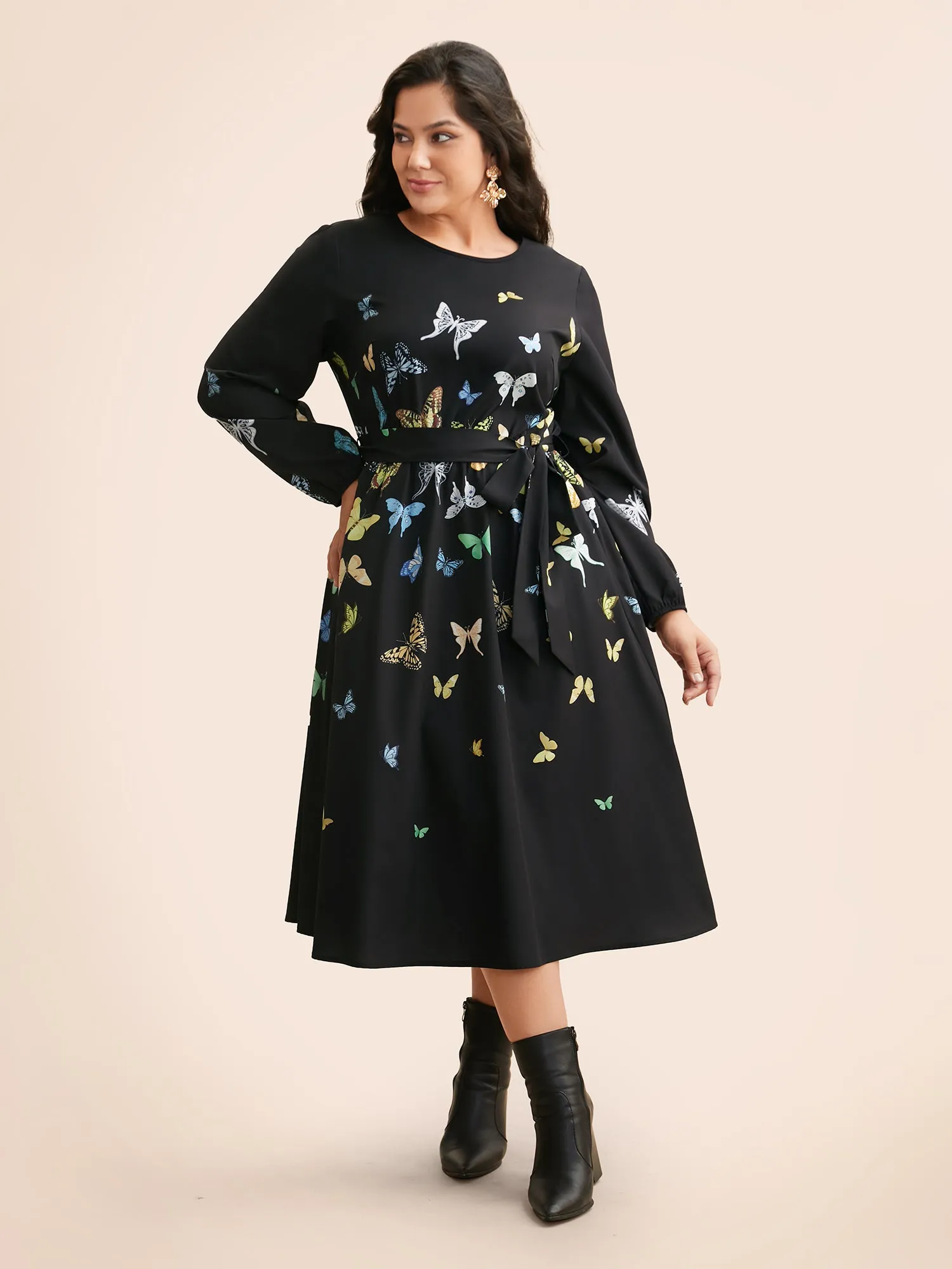Butterfly Print Crew Neck Belted Dress sold by Bloomchic
