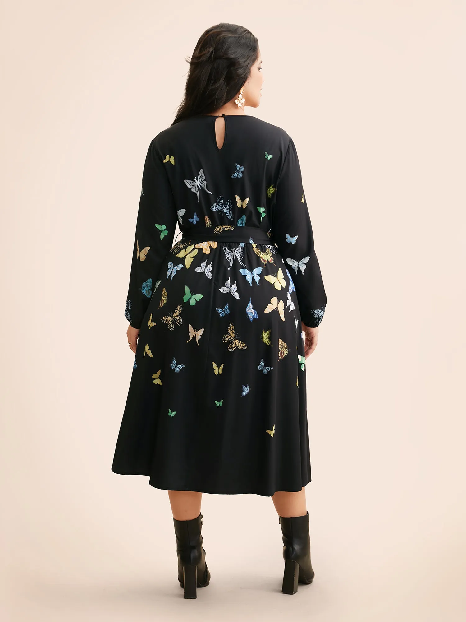 Butterfly Print Crew Neck Belted Dress sold by Bloomchic product image thumbnail 4