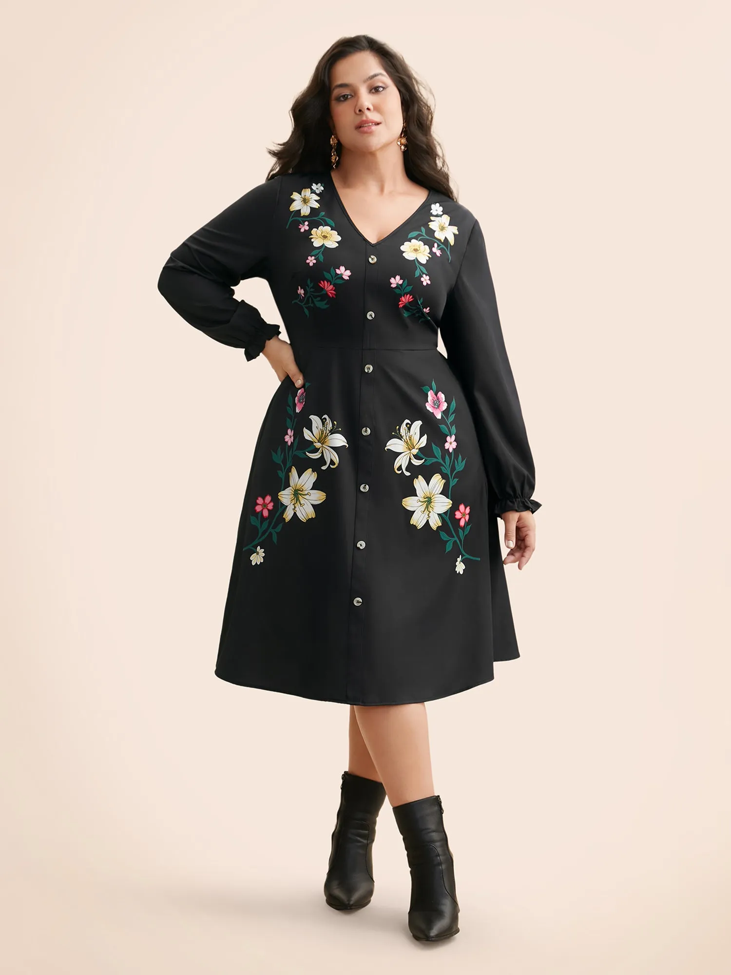 V Neck Floral Button Detail Dress sold by Bloomchic