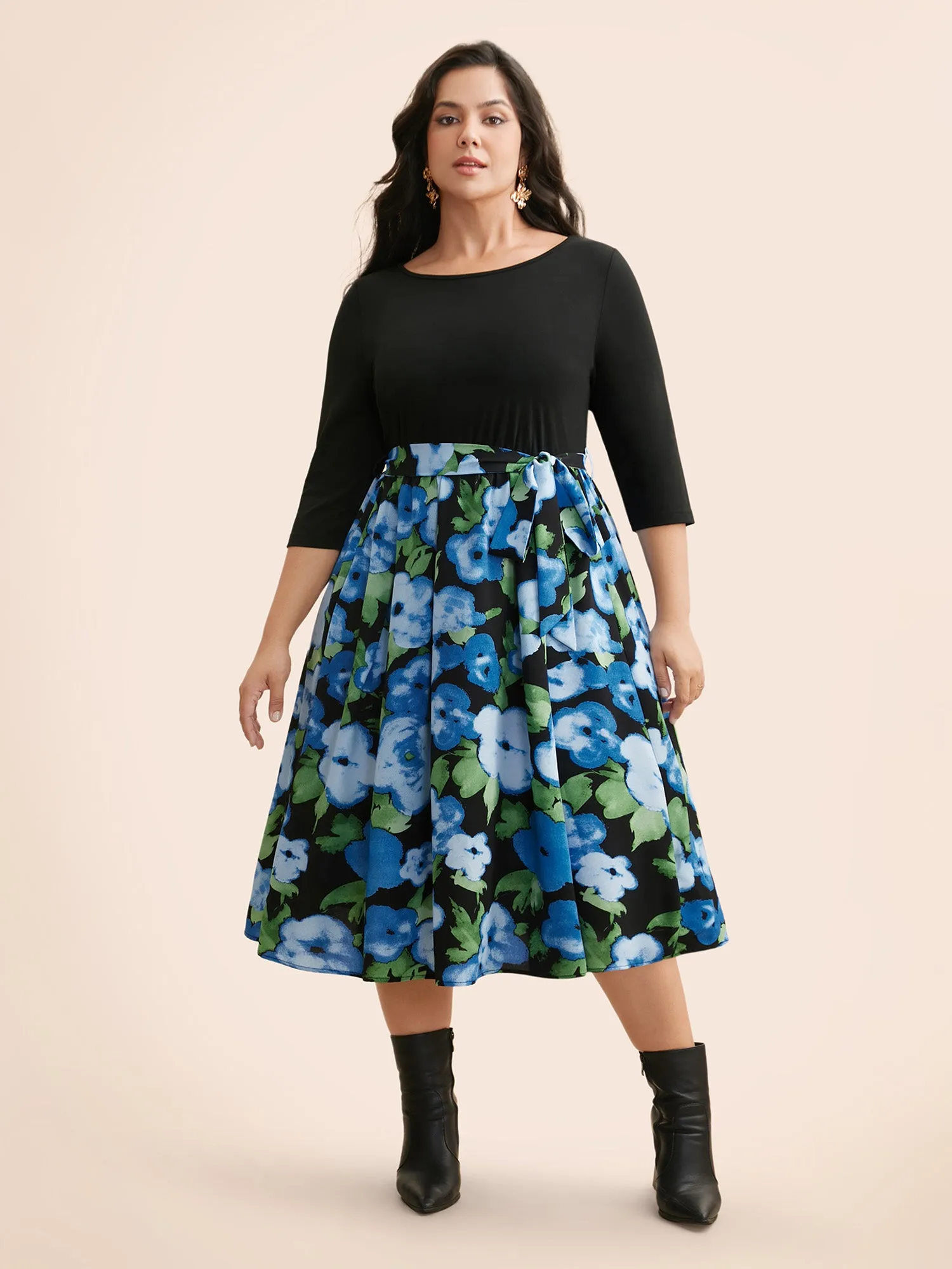 Round Neck Floral Patchwork Belted Dress sold by Bloomchic product image thumbnail 4
