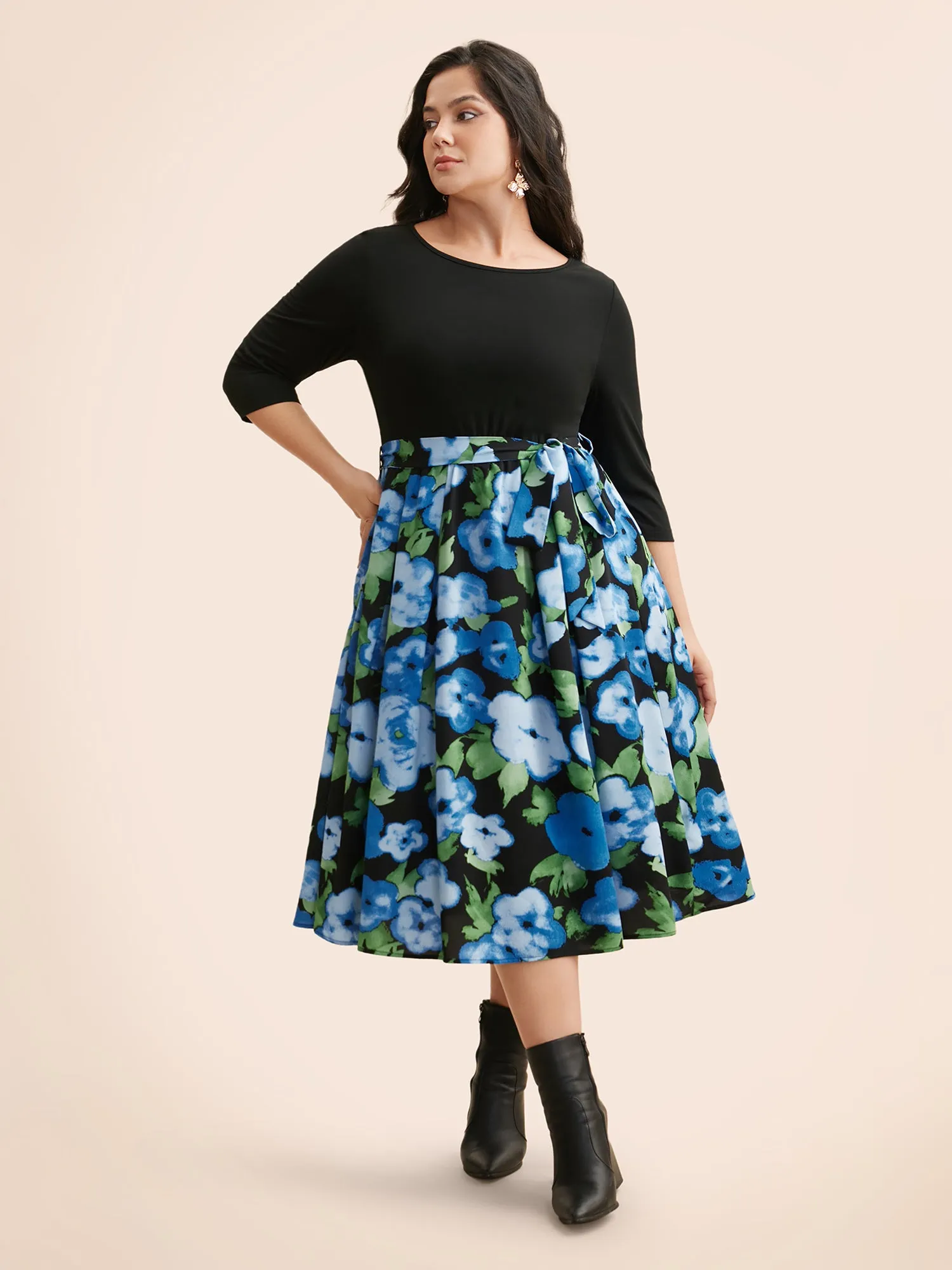 Round Neck Floral Patchwork Belted Dress sold by Bloomchic product image thumbnail 3