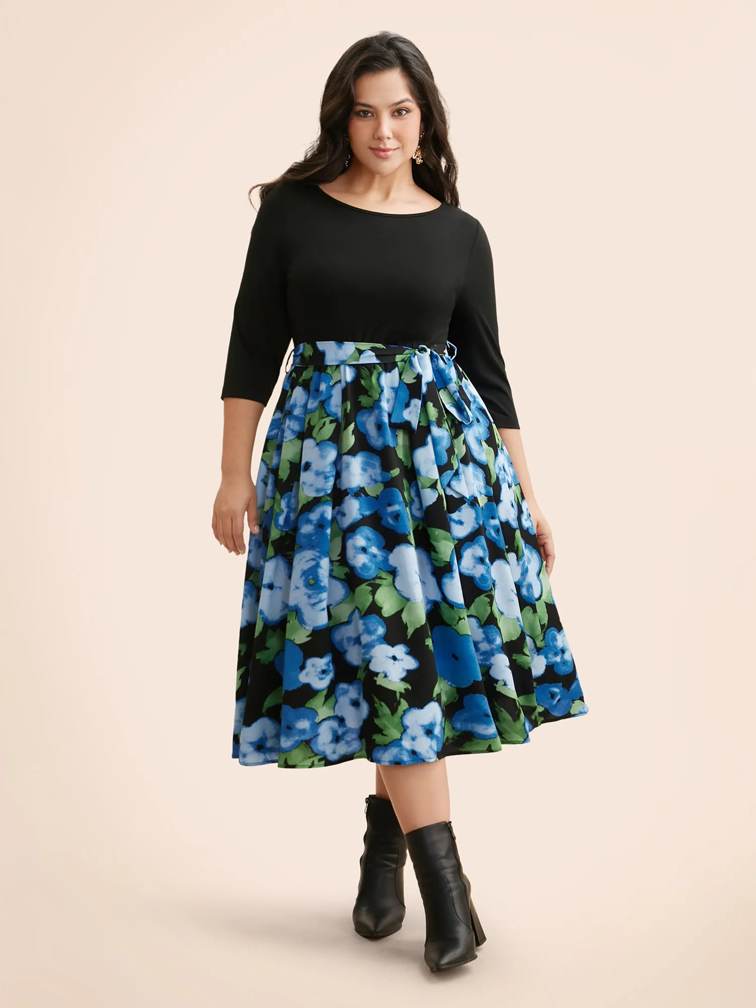Round Neck Floral Patchwork Belted Dress sold by Bloomchic