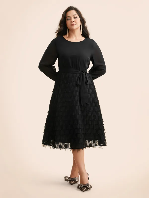 Texture Patchwork Tassel Trim Belted Dress sold by Bloomchic