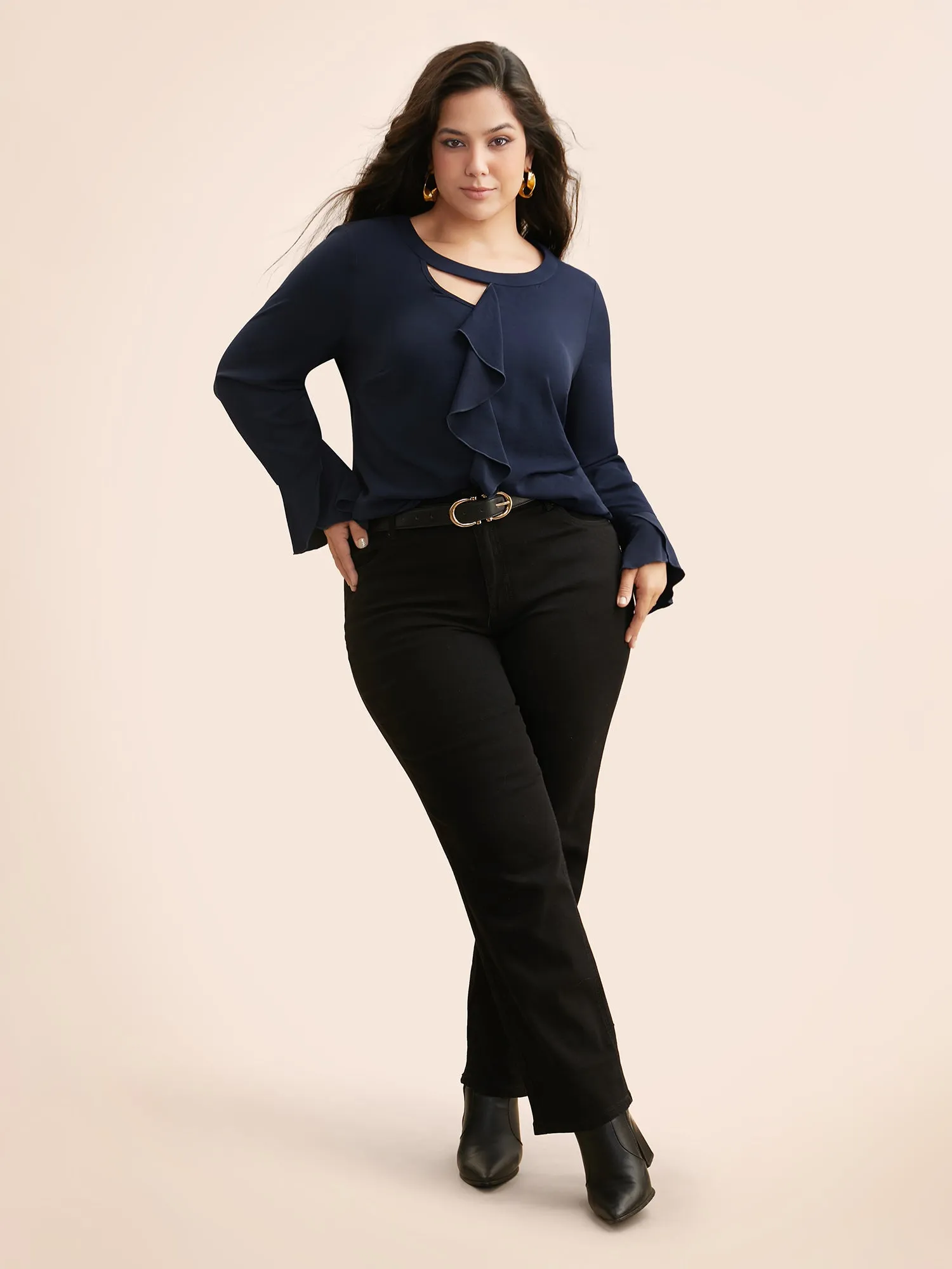 Solid Cut Out Ruffle Trim Blouse sold by Bloomchic product image thumbnail 2