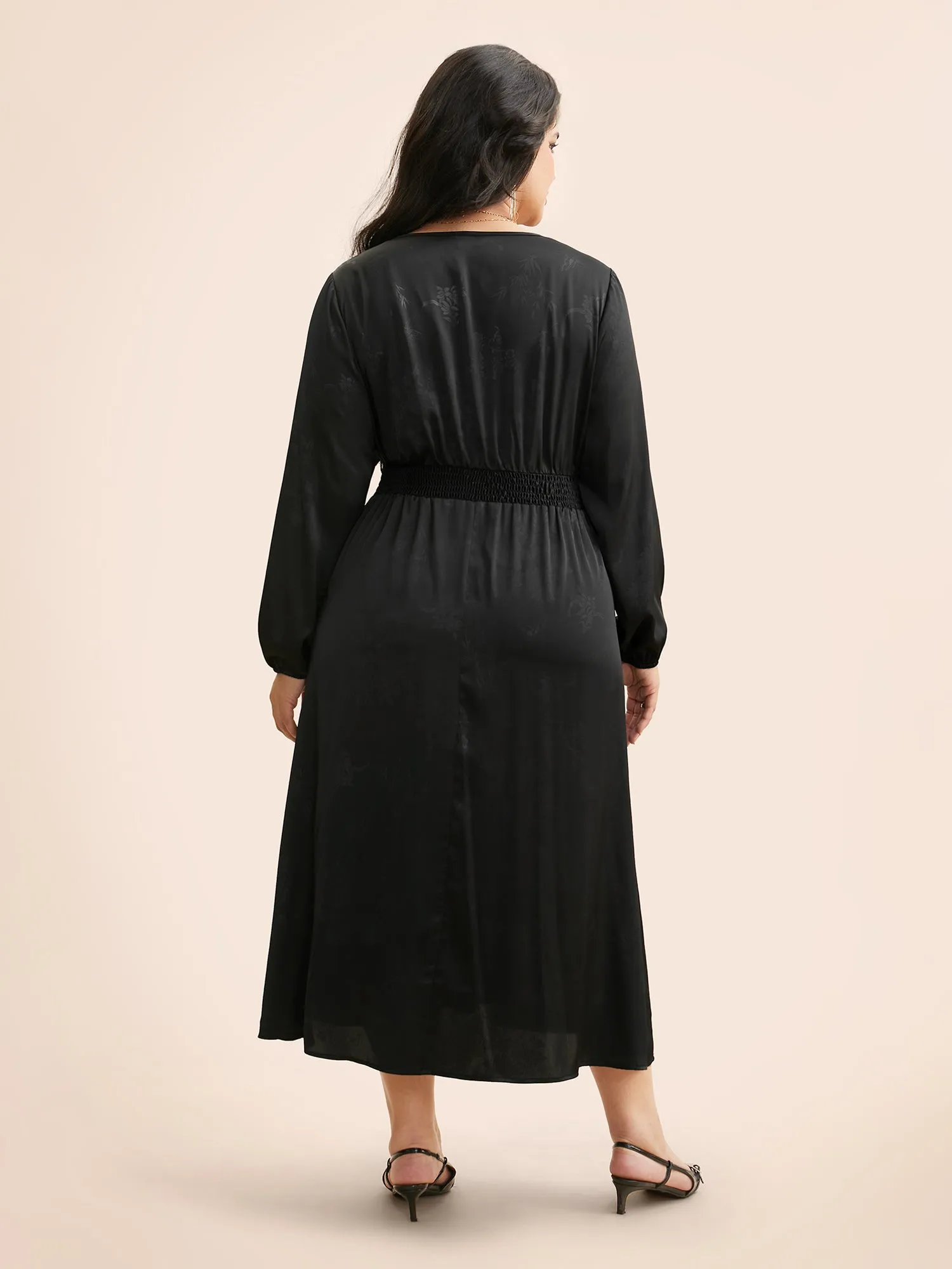 Overlap Collar Textured Shirred Lace Trim Dress sold by Bloomchic product image thumbnail 4